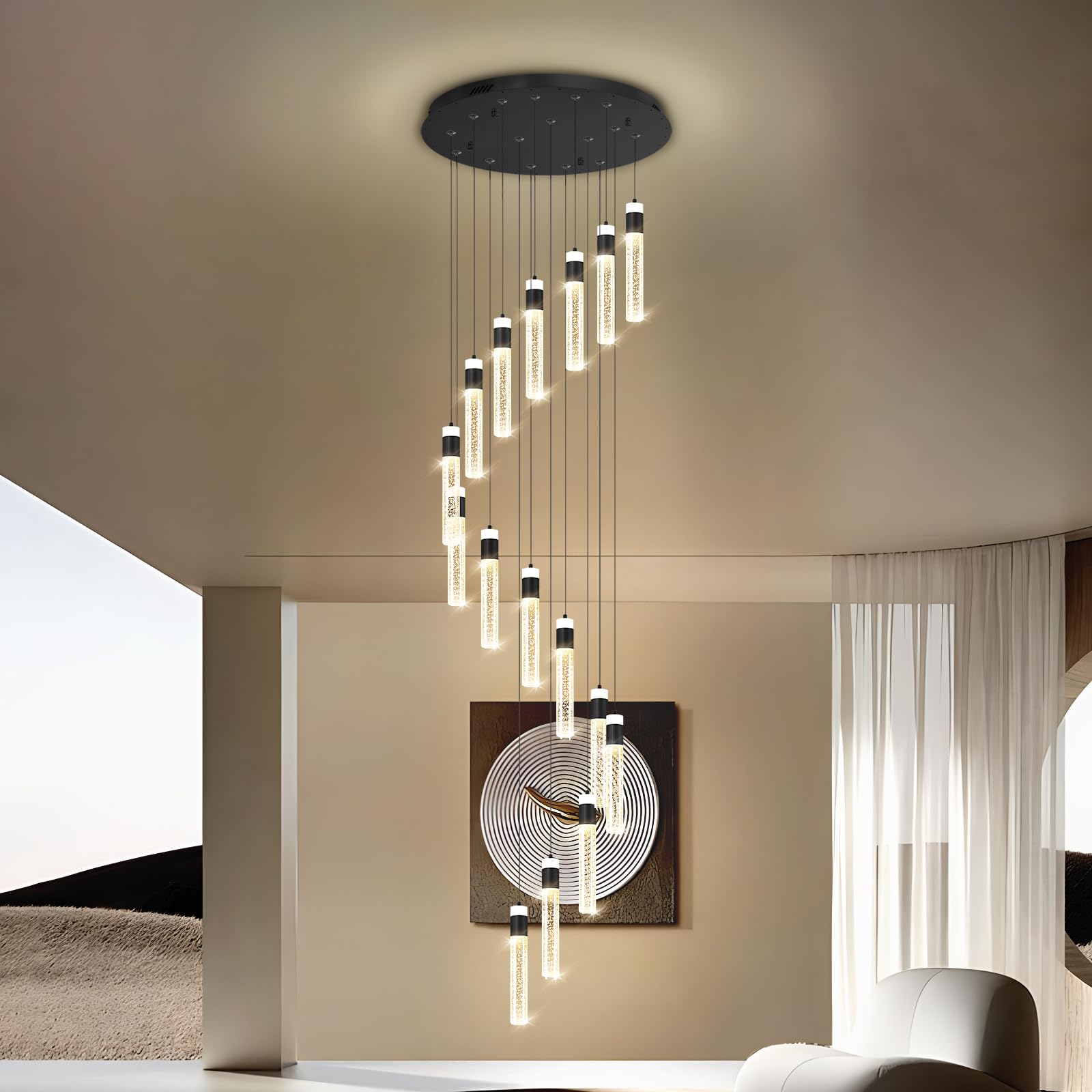 Idequy 16-Light Black Crystal Chandelier For Foyer Entrance Loft 118'' Long Spiral Stair Bubble Crystal Chandelier For High Ceil
