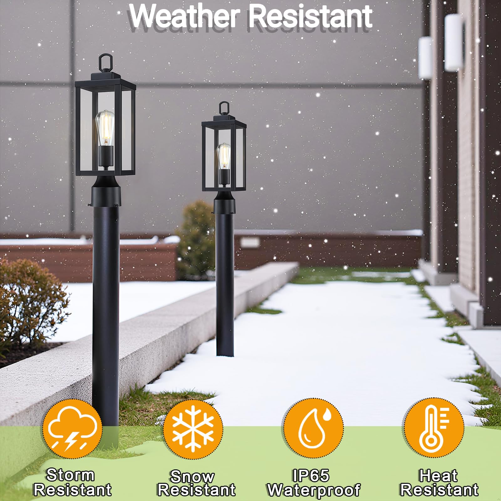 GRUENLICH Outdoor Post Lighting Fixture Pole Lantern, E26 Medium Base Max 60W, Metal Housing Plus Glass, Matte Black Finish, Bul