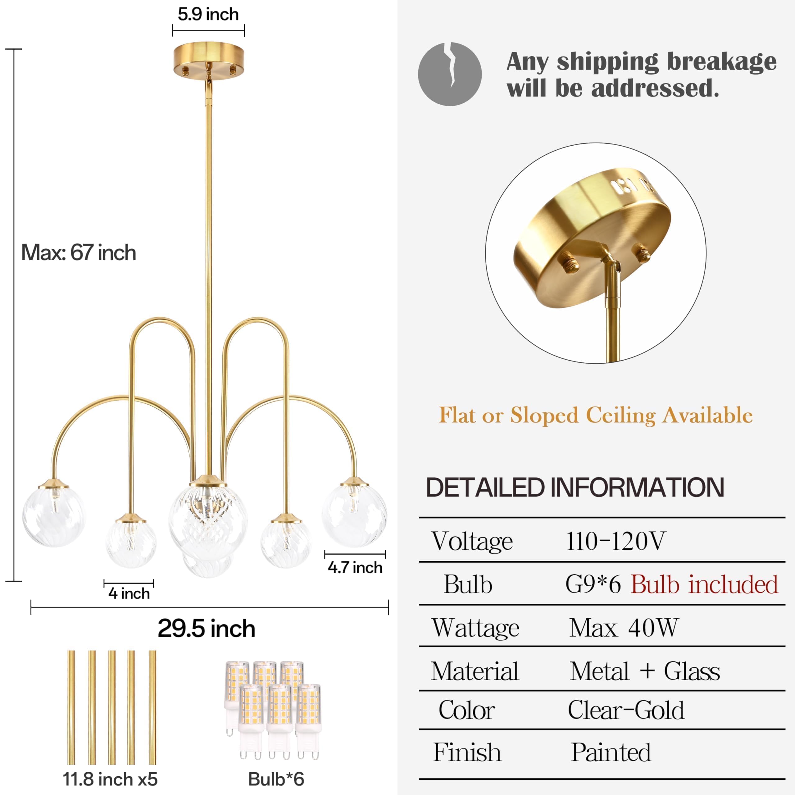 Bagood 6-Light Sputnik Chandelier, Clear Glass Globe, 29.5" Dimmable, Gold Metal, Model DGQ-U06-QJ for Bedroom & Kitchen