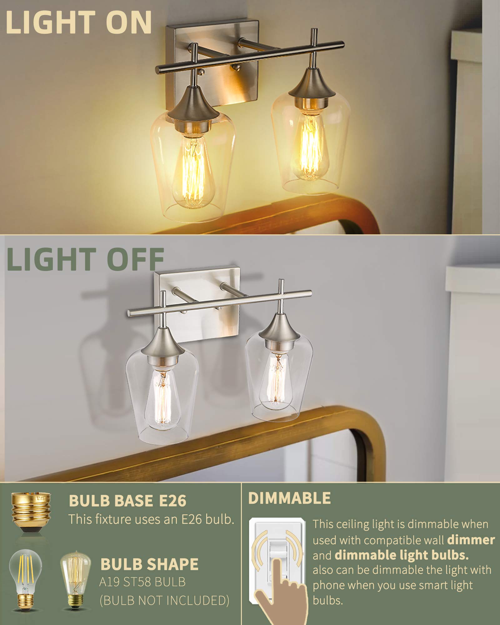 Osimir 2 Lights Bathroom Light Fixture, 15 Inch Brushed Nickel Bathroom Vanity Lights Over Mirror, Modern Farmhouse Bath Wall Sc