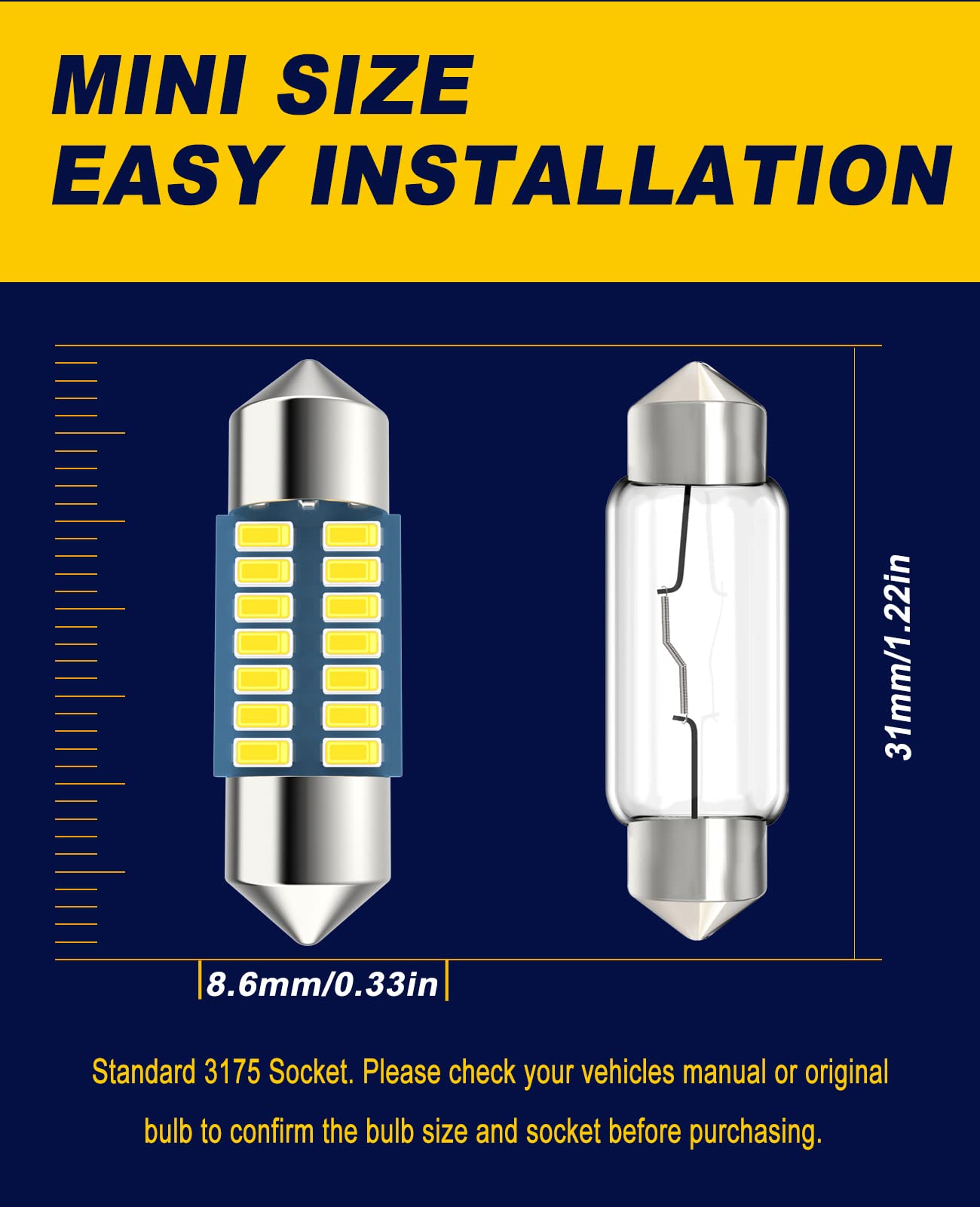 Serundo Auto 31mm DE3175 LED Festoon Bulb, Super Bright Interior Light, Pack of 6, White for Car Map & Dome Light