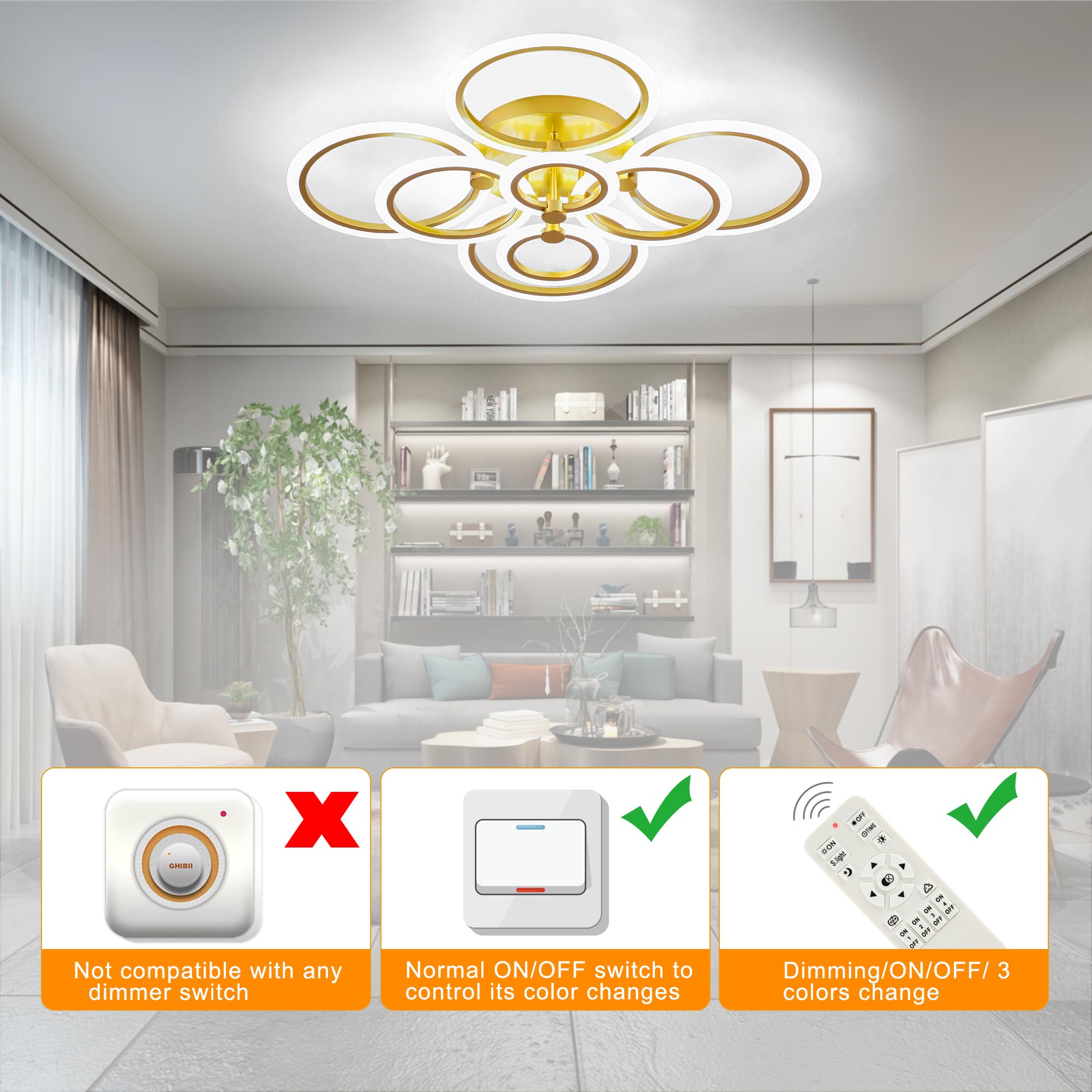 Sjv 8Rings Modern Led Ceiling Light Fixture, Gold Dimmable Flush Mount Ceiling Light, 100W Kitchen Lighting Fixtures Ceiling Led