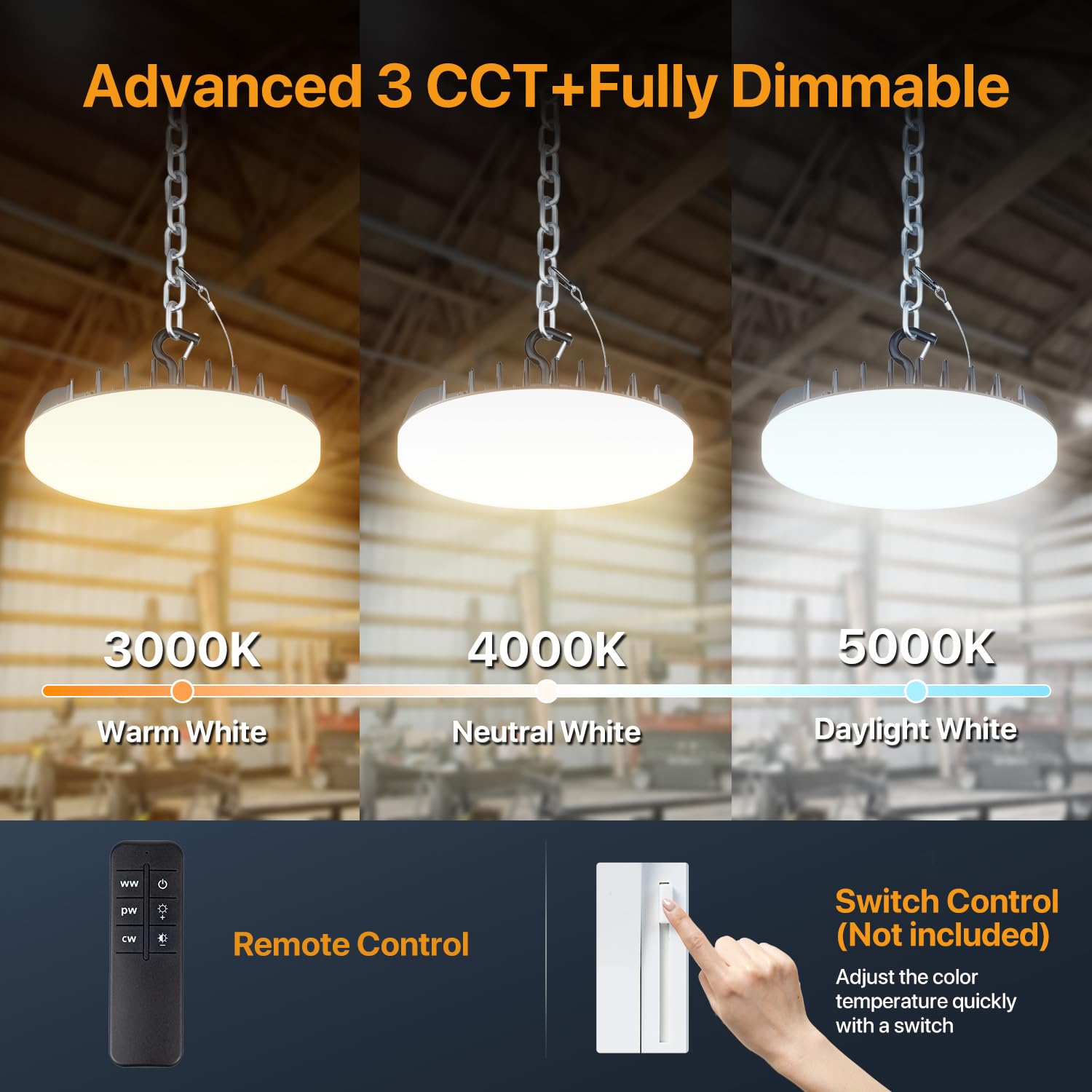 DEMILARE LED Shop Lights - 200W High Bay Light, 24000LM, 3 CCT Adjustable, Dimmable, IP65 Waterproof, Black, Model HBL04