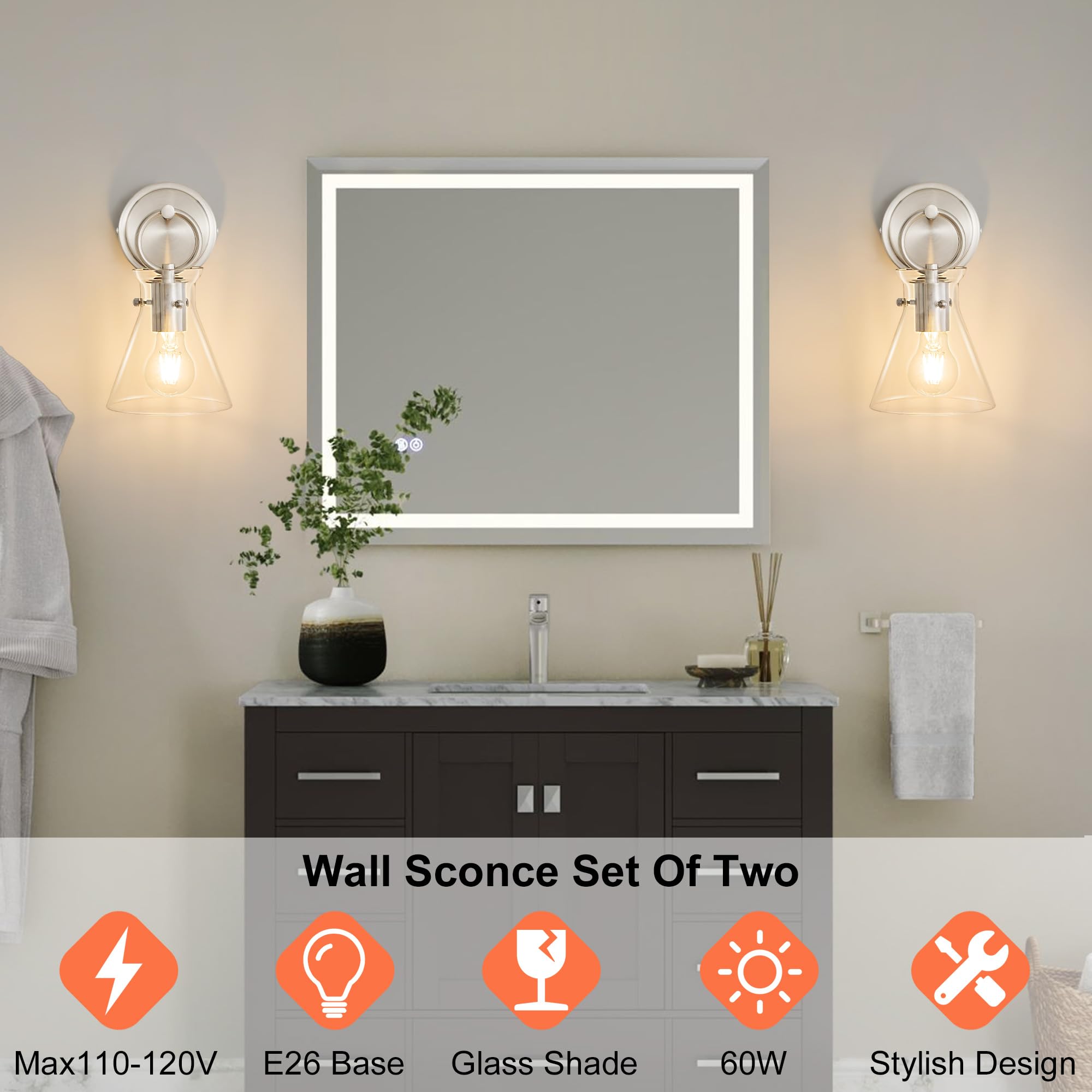 Gednbo Modern Wall Sconces 2 Pack, Brushed Nickel, Metal, Hardwired, 6 Inch Clear Glass Shade for Bathroom, Bedroom, Living Room