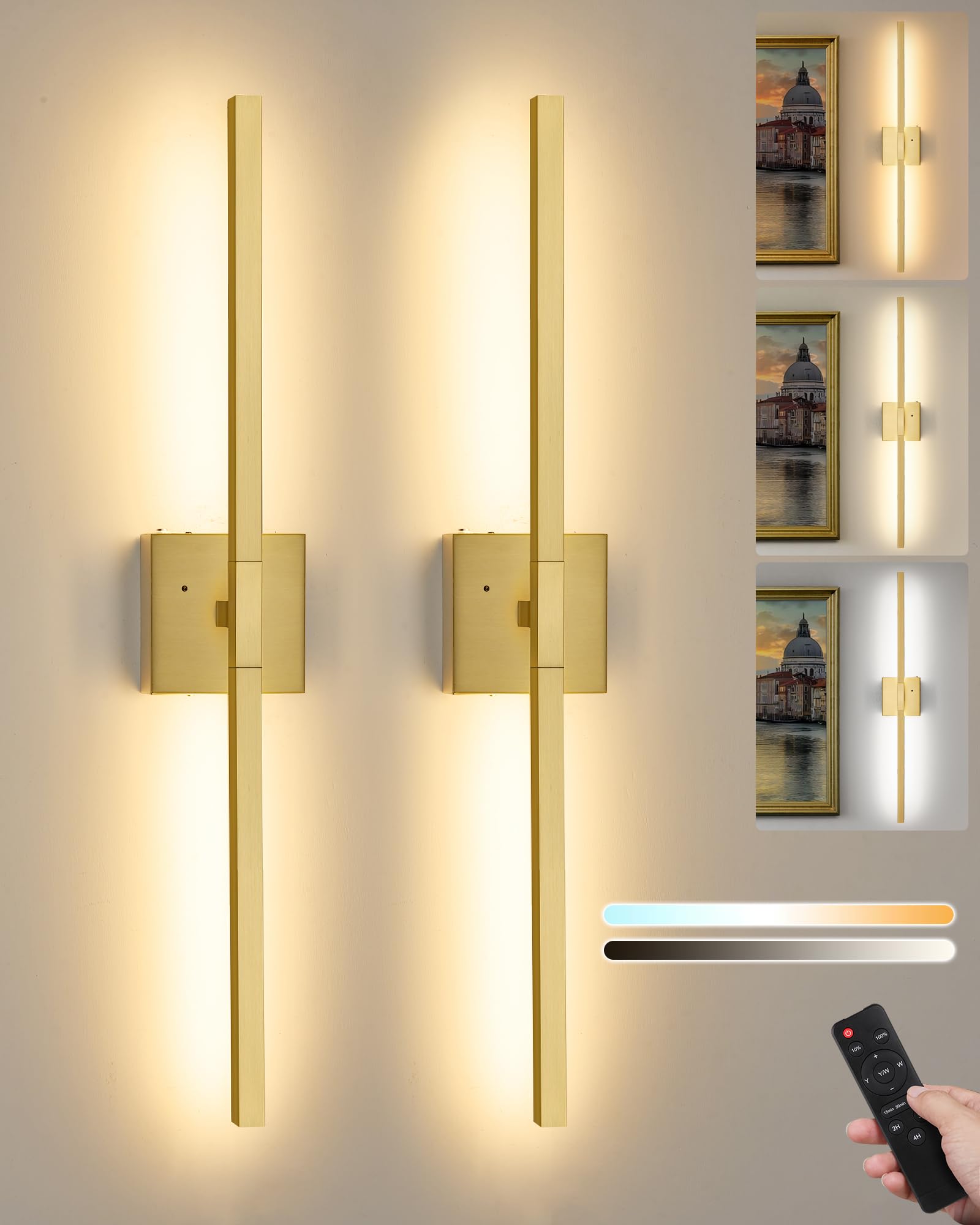Rechargeable Battery Operated Wall Sconce Set of Two, 24 Inch, Wireless, 3000K/4500K/6000K, Dimmable, Timer, Remote, Touch Contr