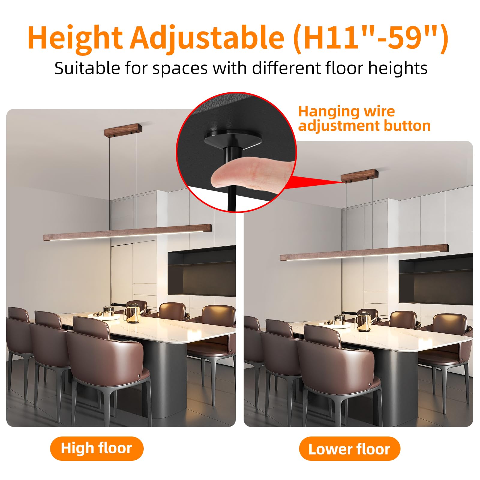 Modern Wooden Pendant Light  47In Walnut Wooden Chandelier With Remote Control 3000K-6500K Adjustable Color Temperature Aluminum Island Lighting Lamp For Dining Room  Living Room B