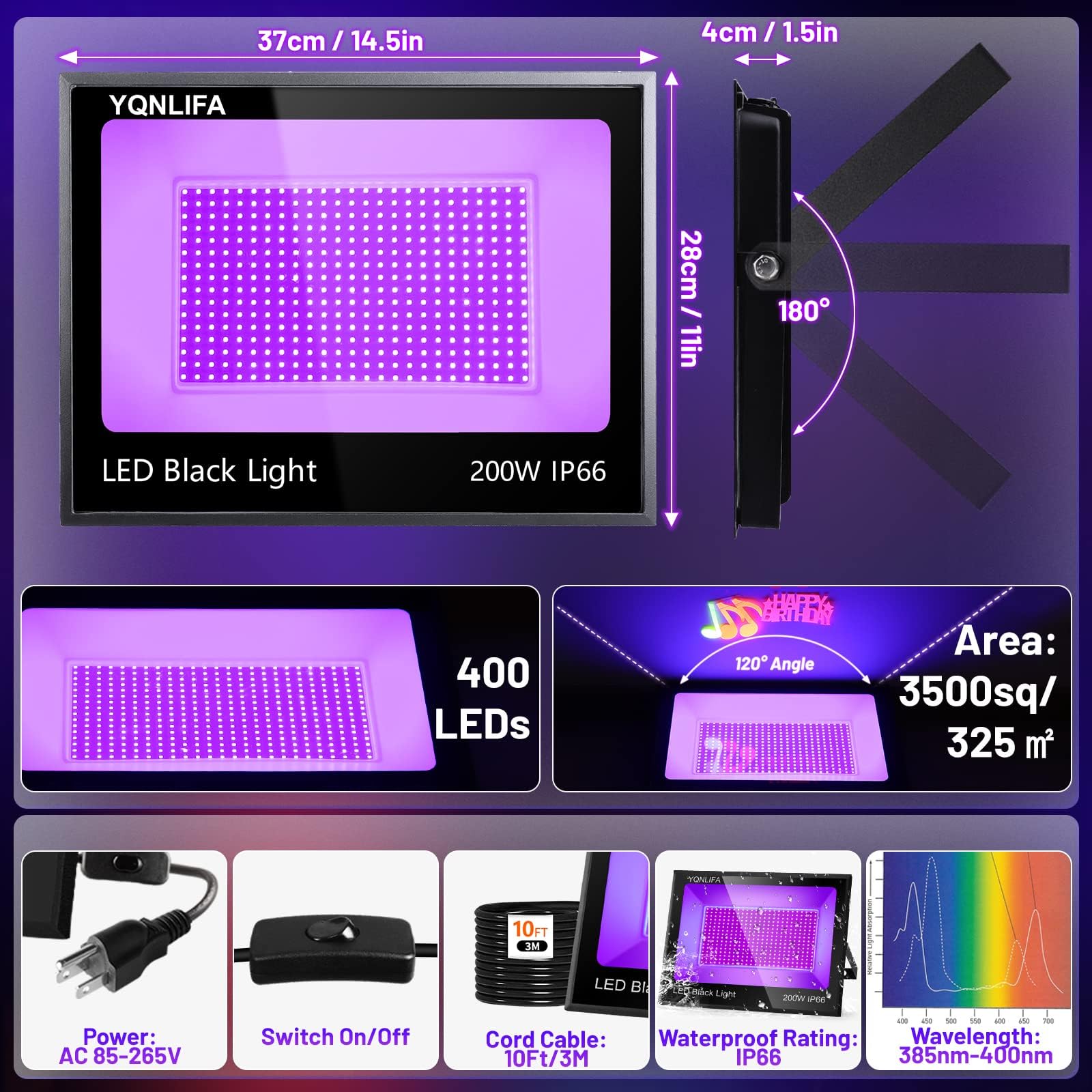 Yqnlifa 200W Led Black Lights, 2 Pack Blacklights With 10Ft Cable Plug, Ip66 Waterproof Blacklight For Party, Body Paint, Fluore