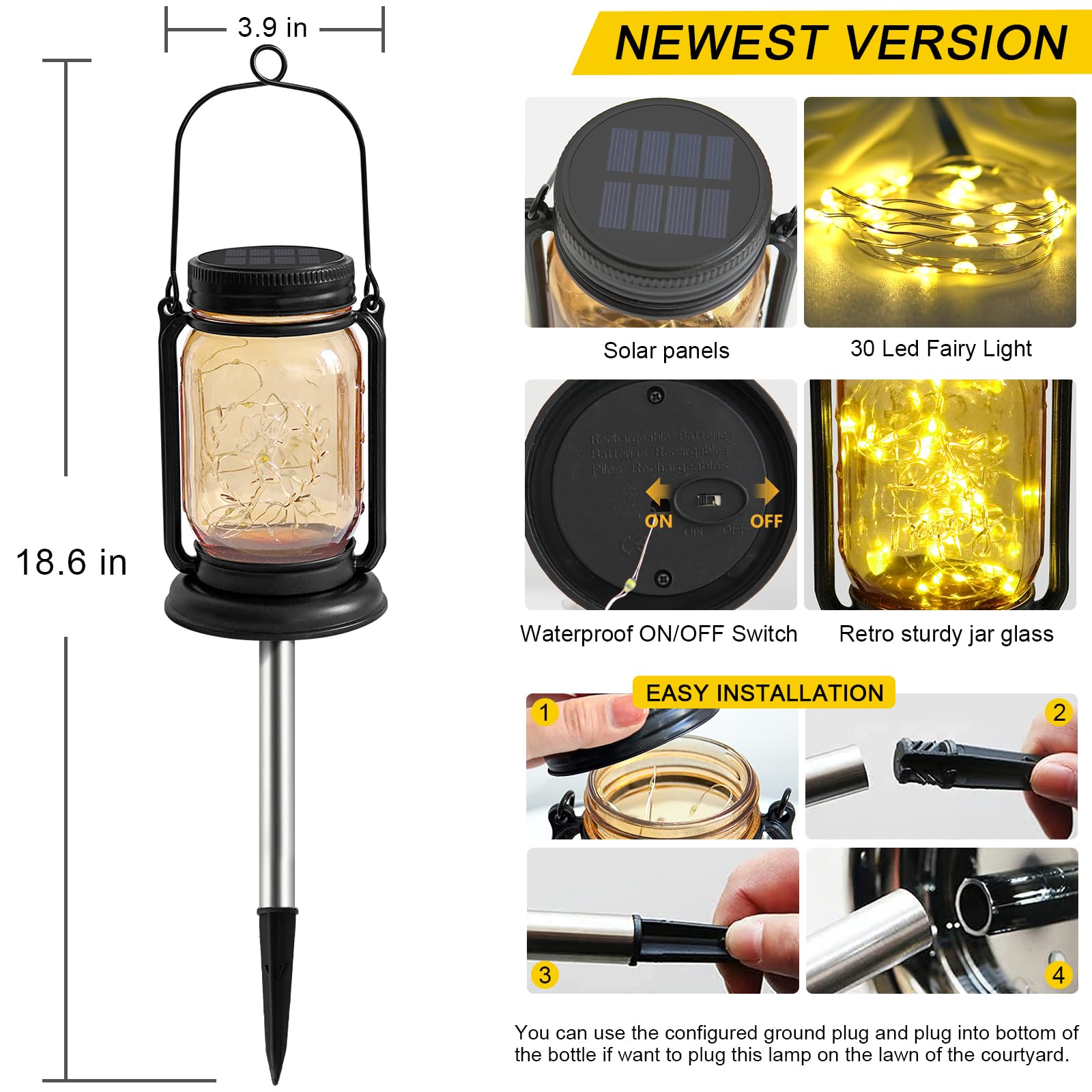 YJFWAL 4 Pack Hanging Solar Lantern Lights, Vintage Glass, Warm White, Waterproof for Patio, Yard, Lawn, Tree