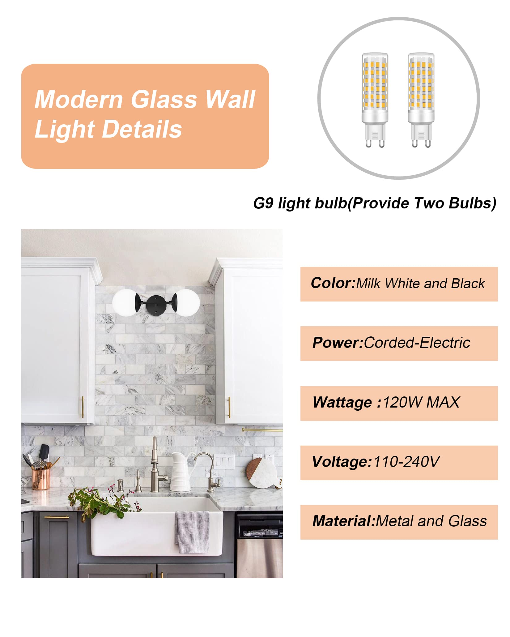 Tipace Black Wall Sconce, Modern Globe Design, 2 Lights, enhanced Glass, 3000K, Model 020