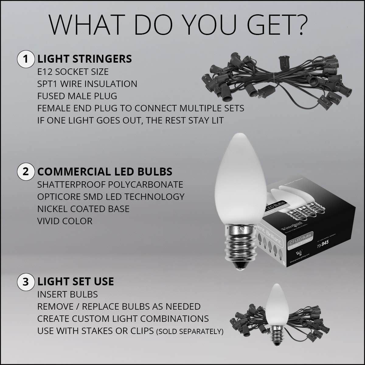 Wintergreen Lighting C7 Multicolor LED Christmas Lights, 50 ft Green Wire, 50 Lights, Smooth/Opaque, Commercial Grade