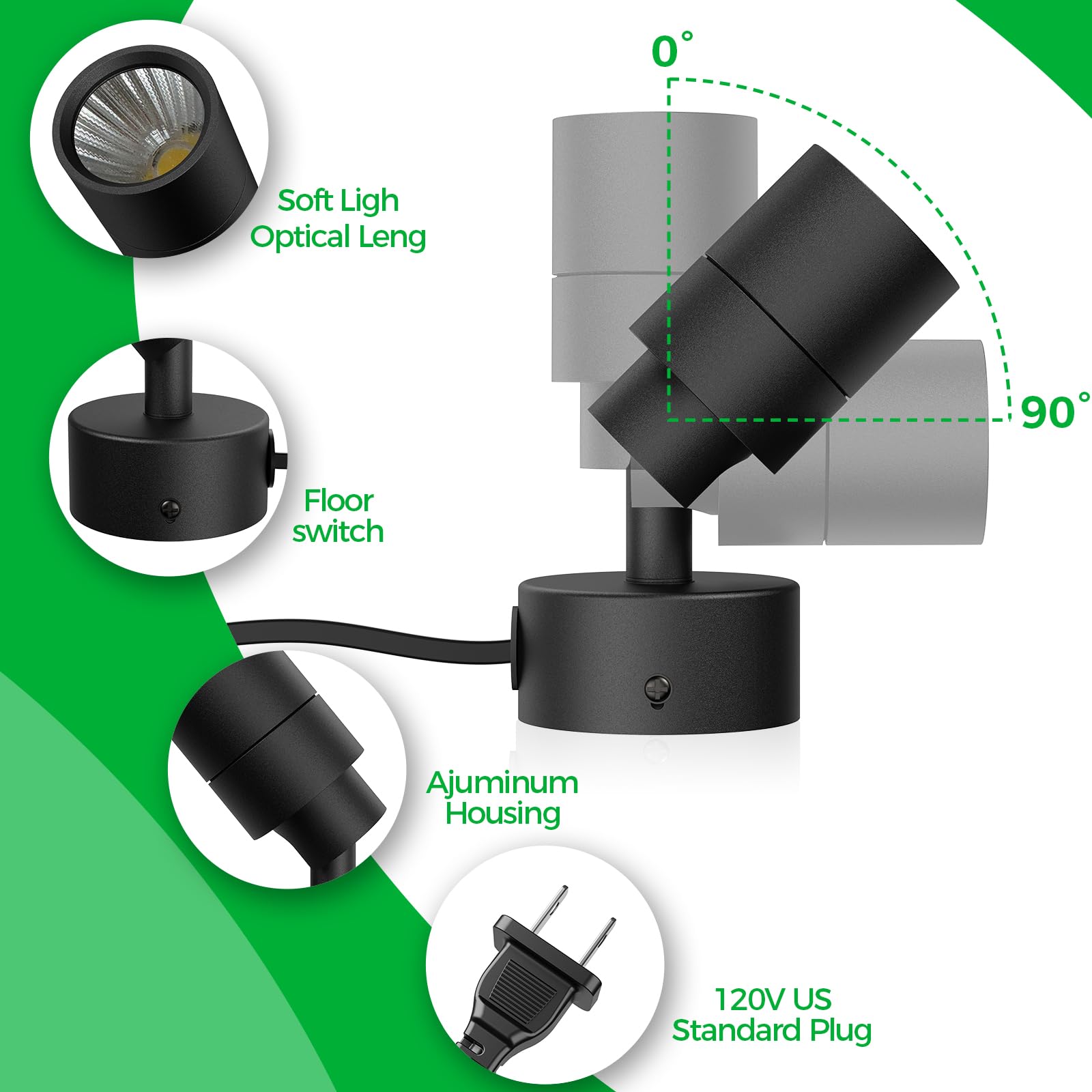 Jiaqiyan Led Spotlight Indoor 2 Pack, 5W Adjustable Led Up Lights With Remote Control & Timer, 3000K/4000K/5000K Floor Uplighting Spot Lights For Plants & Artwork, 5.9 Ft Cord