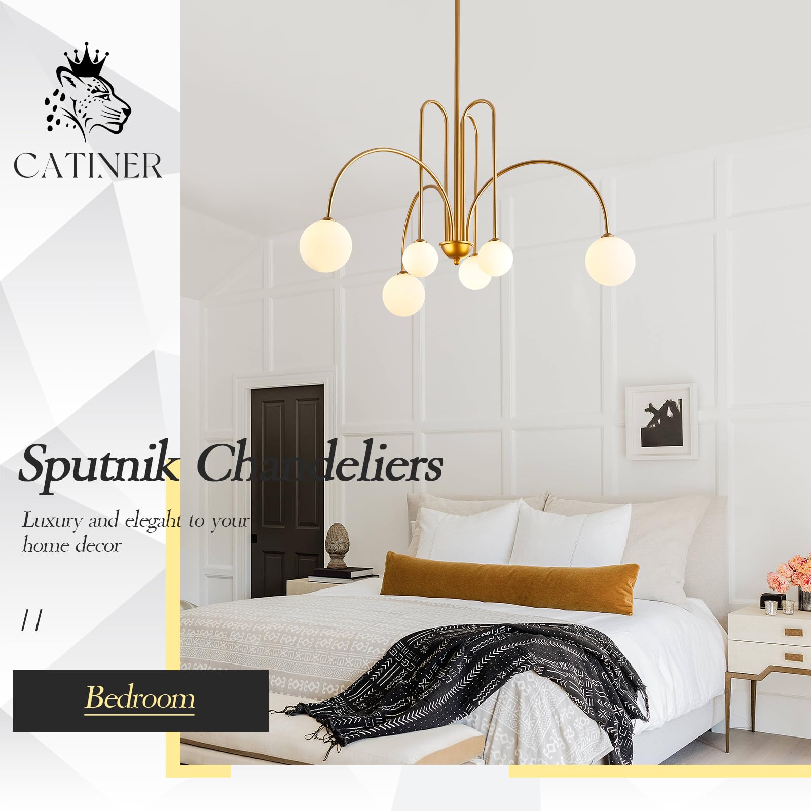 Catiner Gold Sputnik Chandelier,6 Lights Large Modern Chandelier L40”Mid Century Long Ceiling Pendant Light Fixtures For Dining Room With Milk Glass Globe Shades For High Ceiling Foyer Living Room