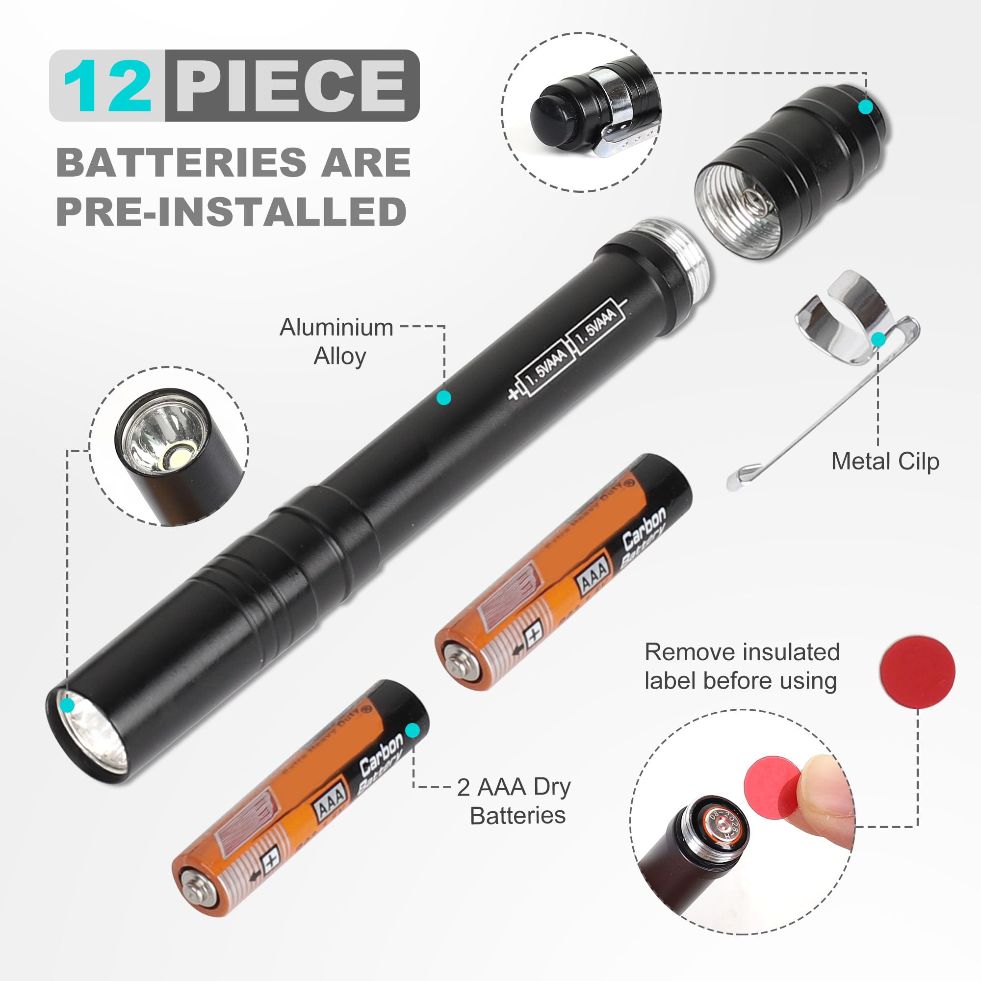 FASTPRO LED Pen Light, 6-Pack, Aluminum, Pocket Flashlight with Batteries Included, Model F00559