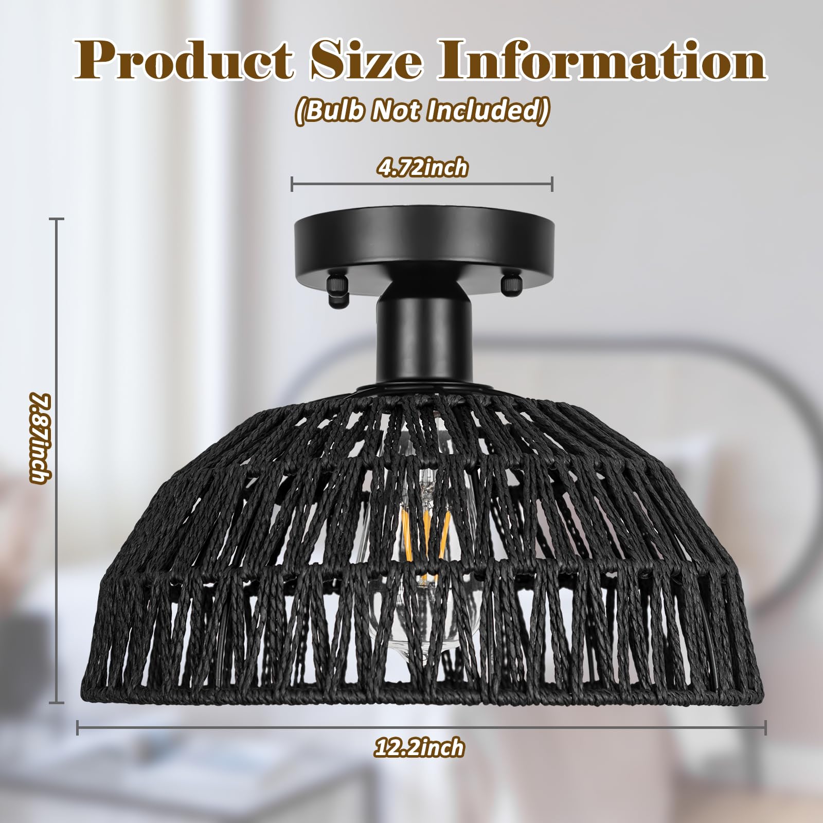Rattan Ceiling Light Fixtures 2 Packs-Black Rustic Woven Basket Flush Mount Ceiling Light, Handmade Wicker Ceiling Lamp, Rattan