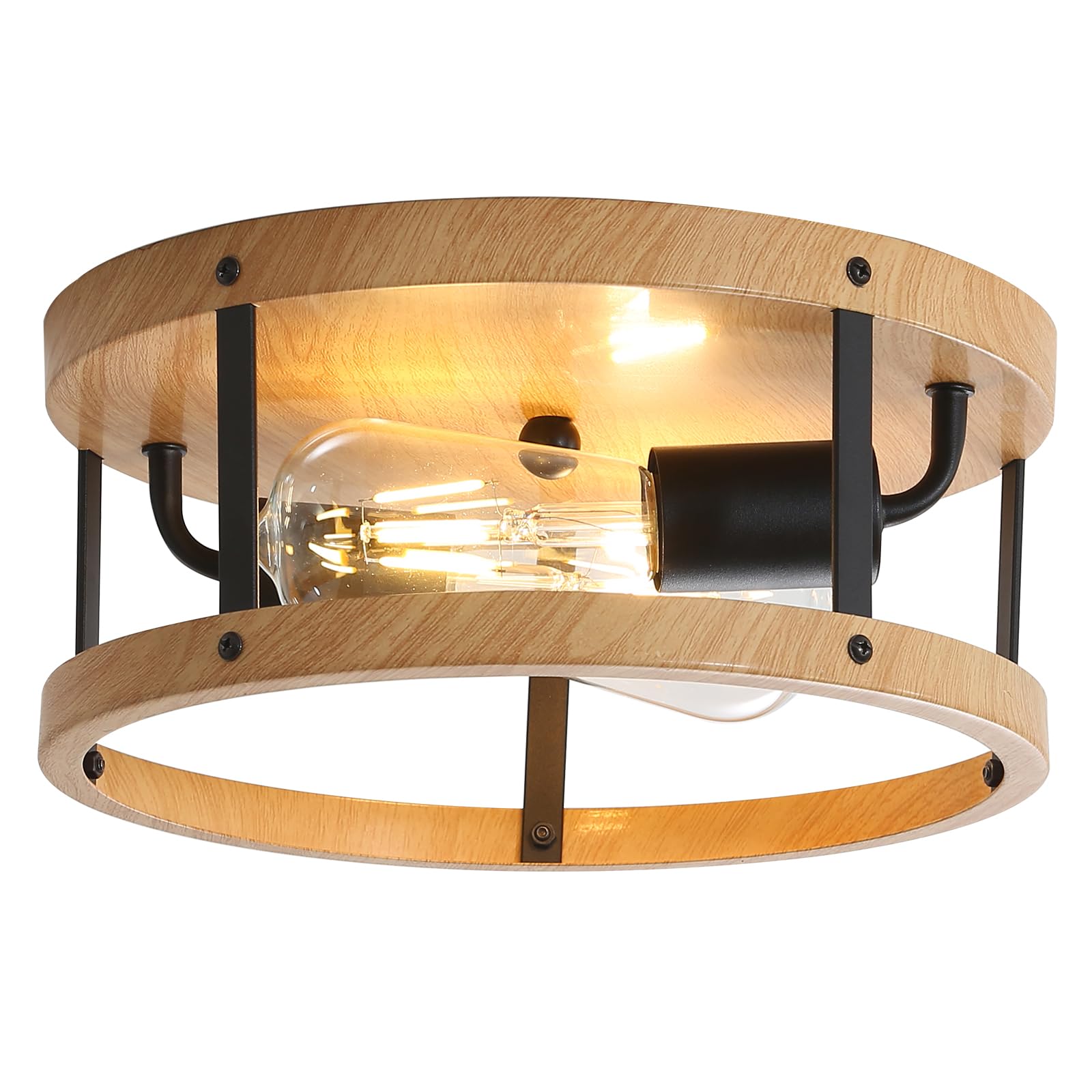 Eietonte Flush Mount Ceiling Light, 11in Rustic Black Metal & Wood, E26 Base, Model EIECL004-BL1P