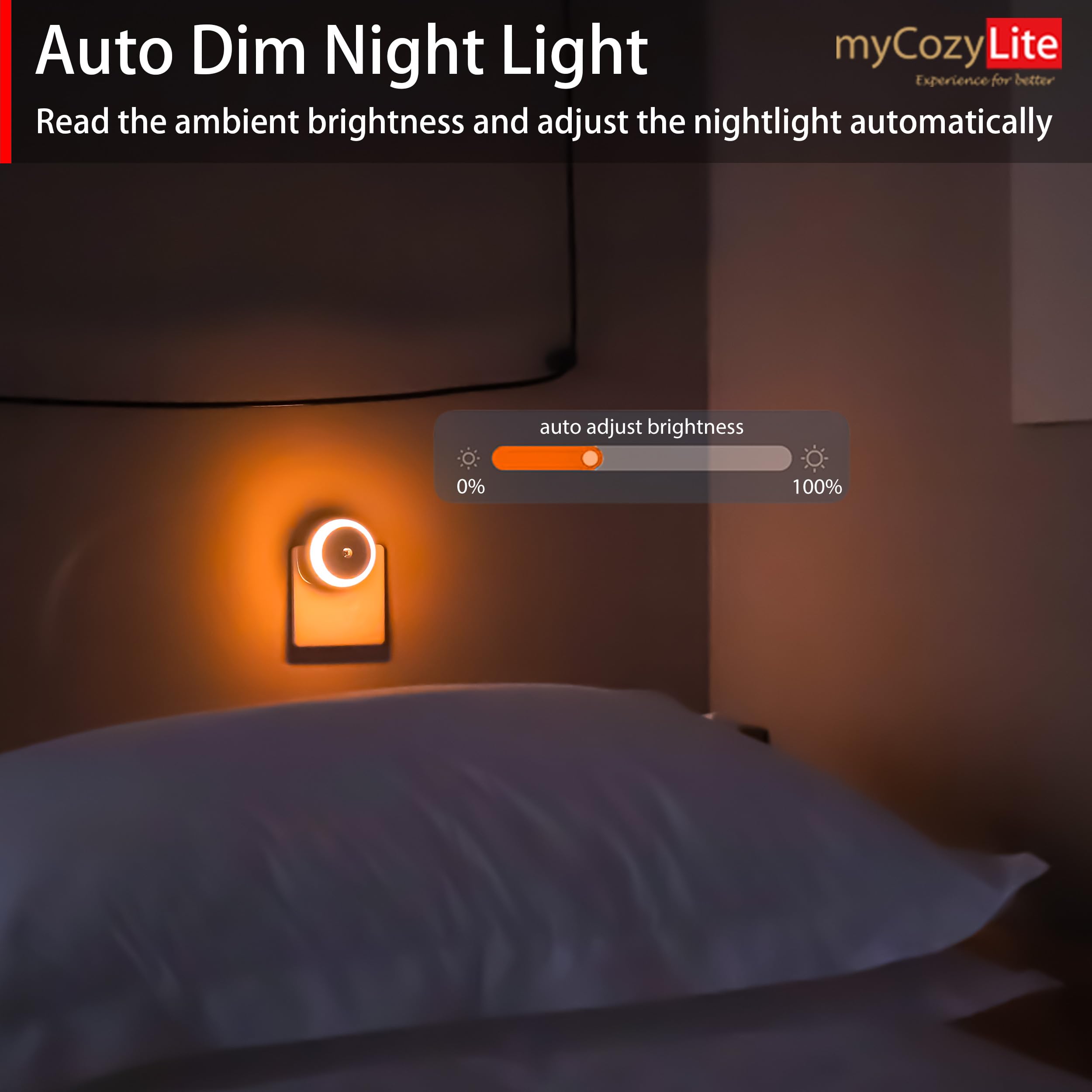 myCozyLite Amber Night Light, LED Plug-in Nightlight with Dusk to Dawn Sensor, Energy Efficient, 2 Pack for Bedroom, Bathroom, Kitchen