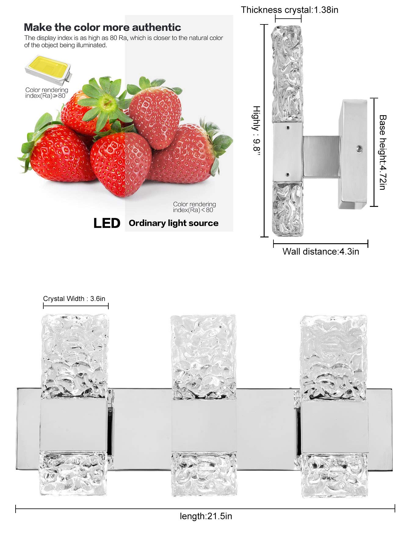 OYLYW Modern LED Bathroom Vanity Light Fixture, Chrome Stainless Steel, 3 Light Wall Sconce, 21.5 Inch, Model JQ1428-3TS, Cool White 5800