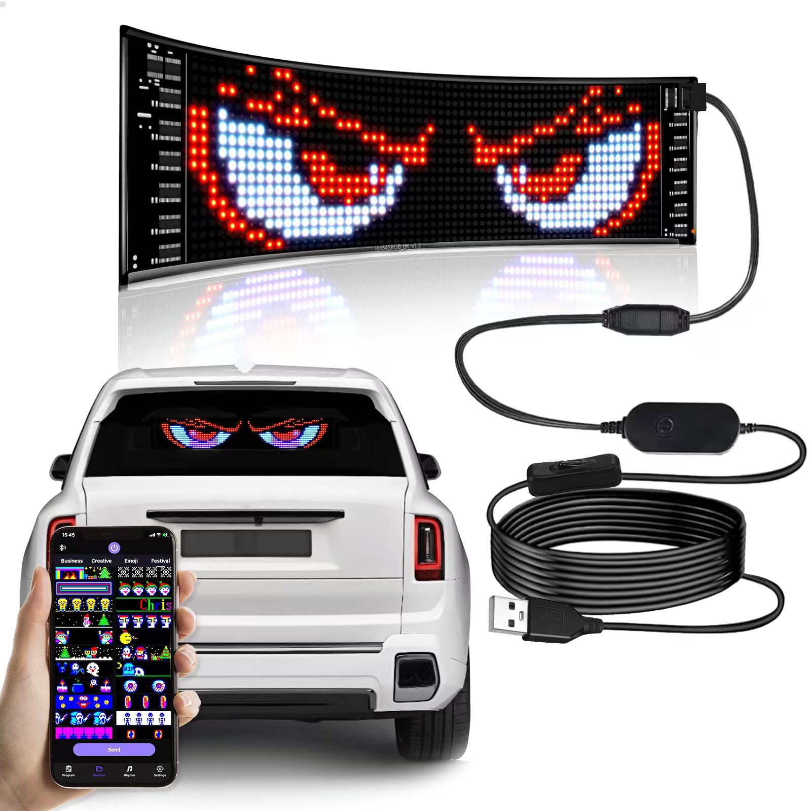 Devil Eyes Light for Cars,Programmable LED Sign,LED Sign for Car,Bluetooth APP Control,DIY Design Text, Patterns, Animations(15x