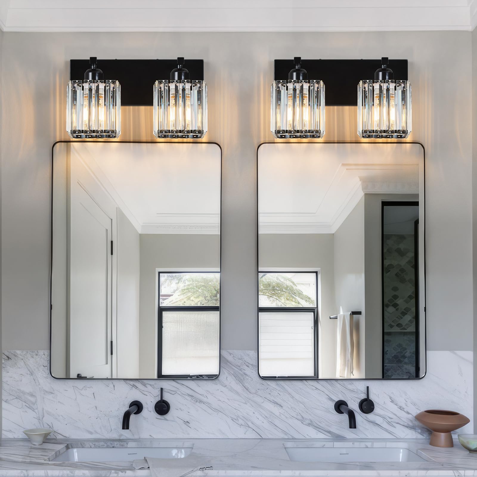 FDPBY 2-Light Bathroom Vanity Light Plating Black Crystal Wall Fixture Model 002