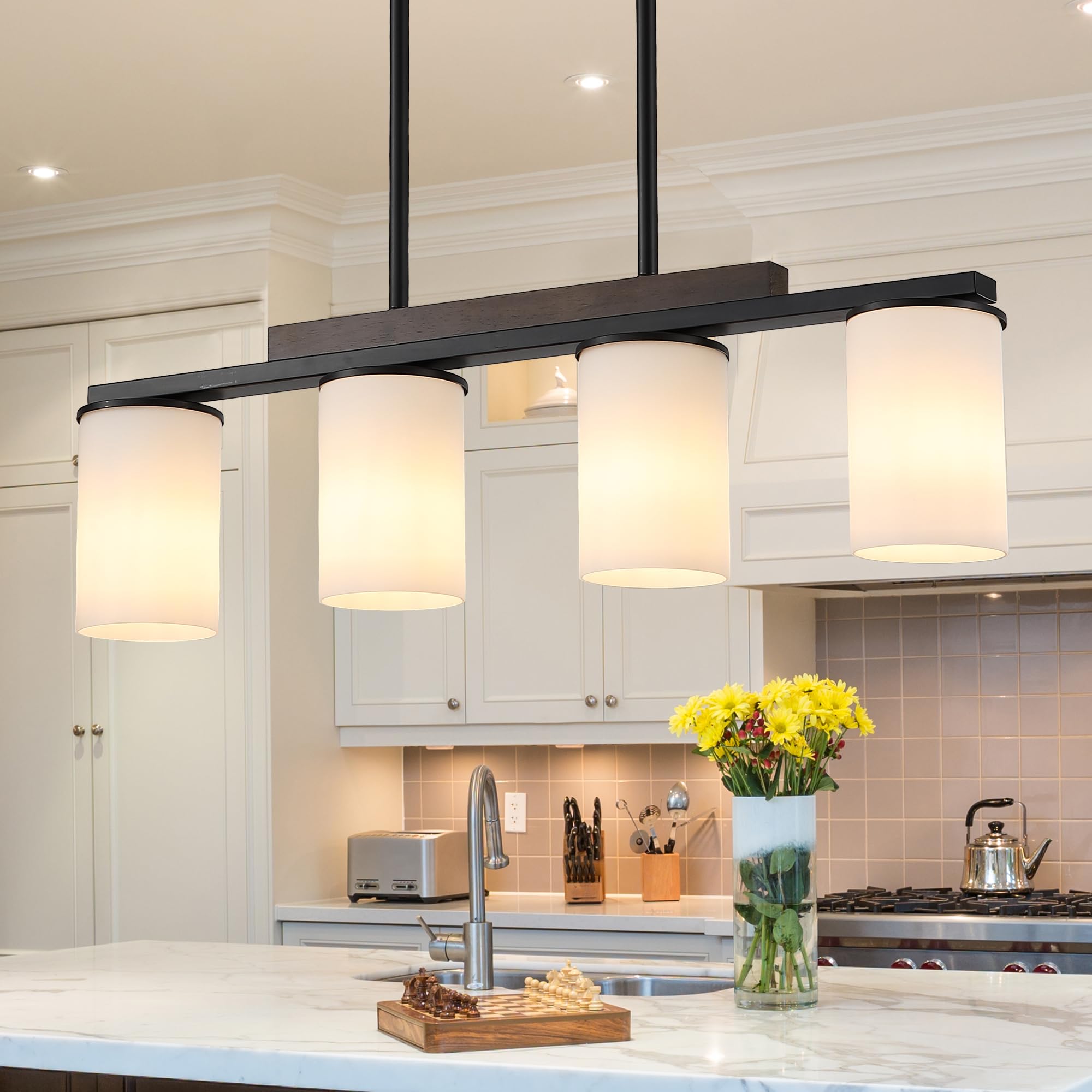 Mecgirn Farmhouse Dining Room Light Fixtures Over Table  Black Pendant Lights For Kitchen Island With Milk Glass Shade  4 Light Linear Chandelier Lighting With Wood