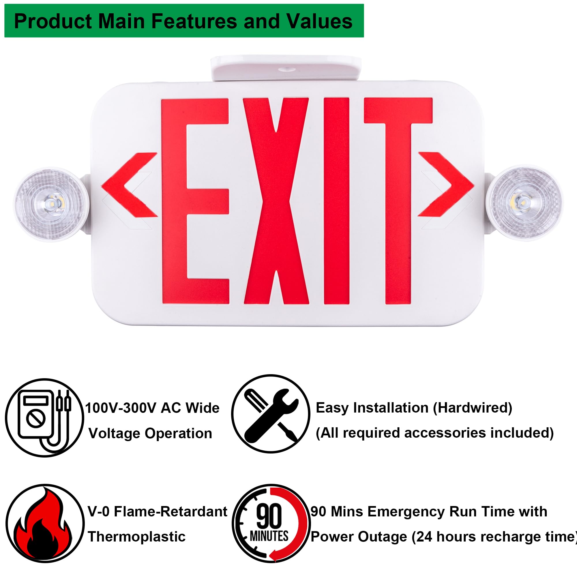 Lit-Path Led Combo Exit Sign With 2 Adjustable Head Lights And Doube Face, Back Up Batteries- Us Standard Red Letter Emergency E