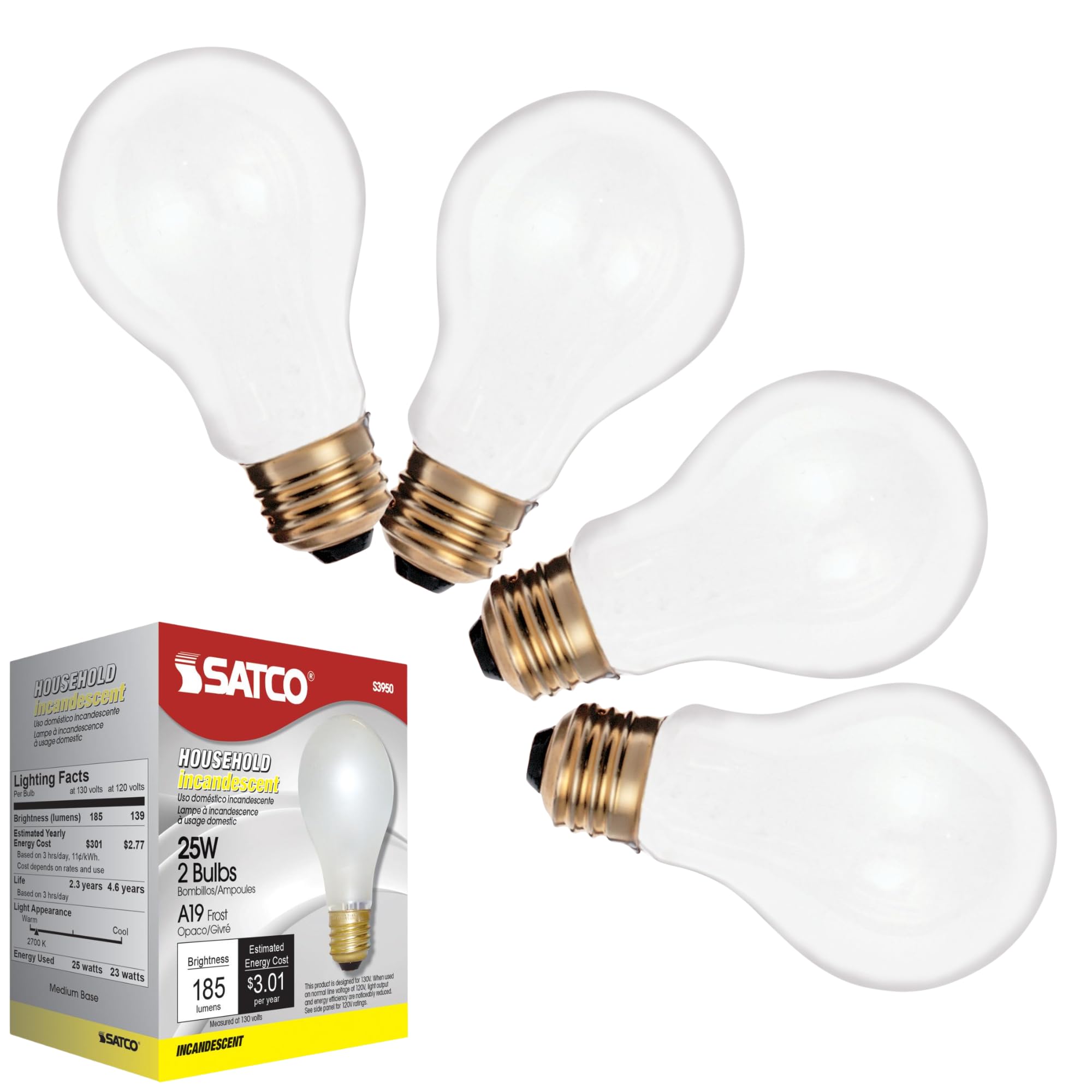 Satco A19 Incandescent Bulb 25W 130V Frosted 180 Lumens Dimmable 2700K Warm White Model S3950 (4 Pack)