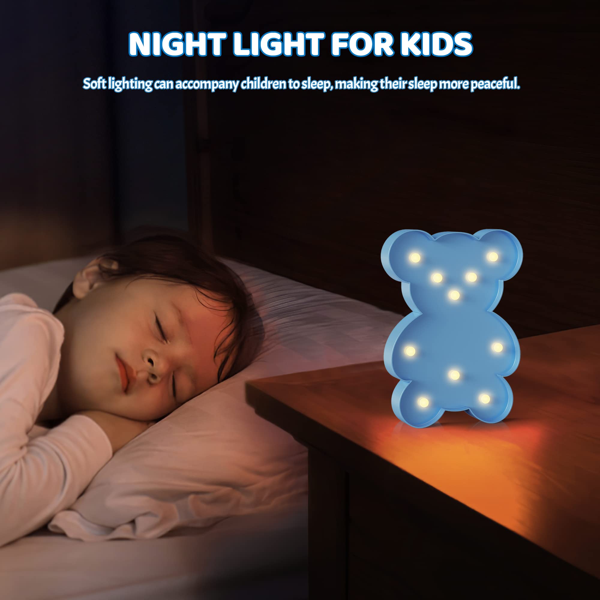 Ganrami Blue Bear Decor, Battery Powered Bear Night Light for Kids, Pink Party Decorations, Baby Night Light for Bedroom, Toddle