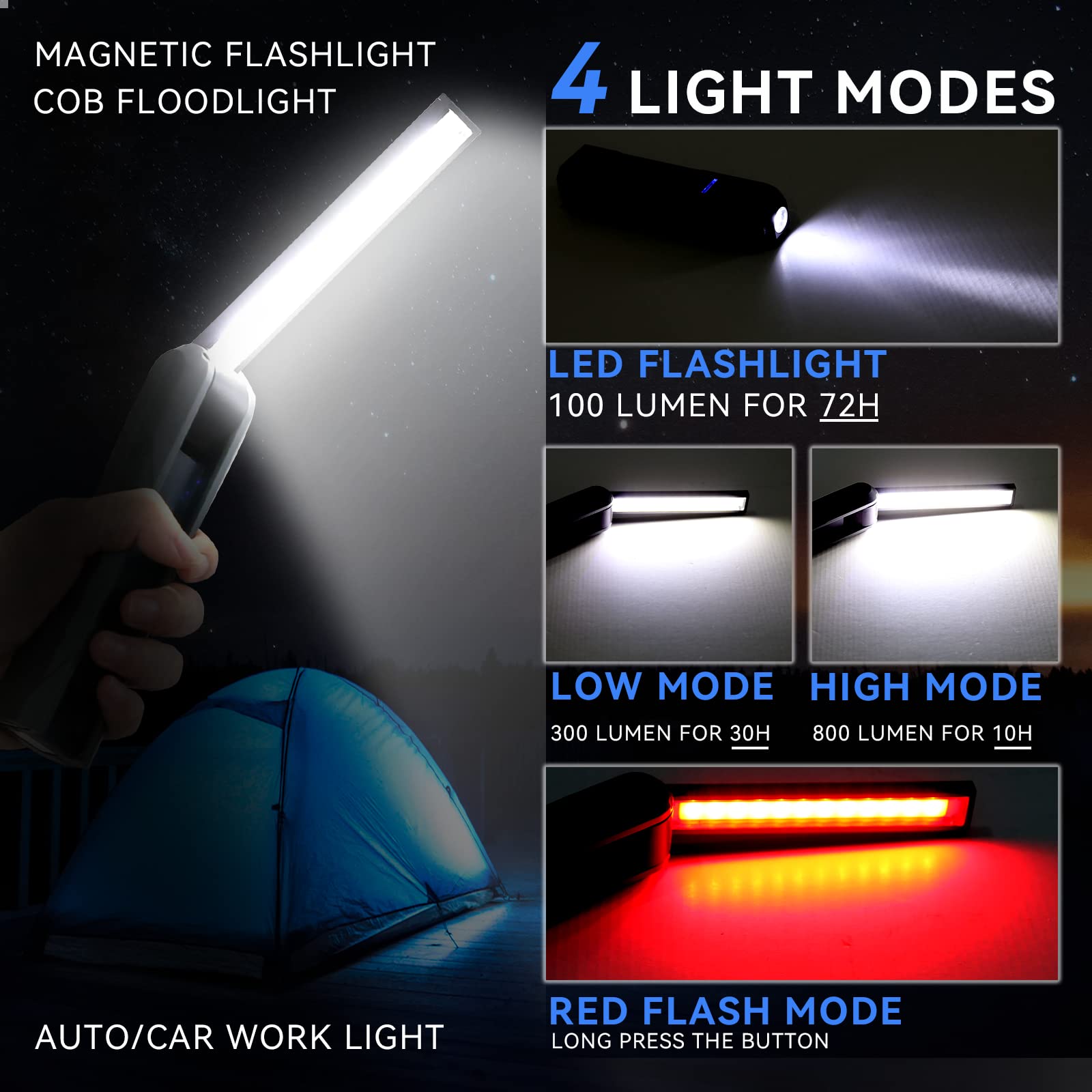 Durapower Rechargeable Led Work Light Automotive Foldable Usb Portable Flashlight Work Light With Magnetic Base, Hook, 270º Rotate, Power Indicator For Mechanic, Repair, Camping, Emergency Bbq - 2Pack