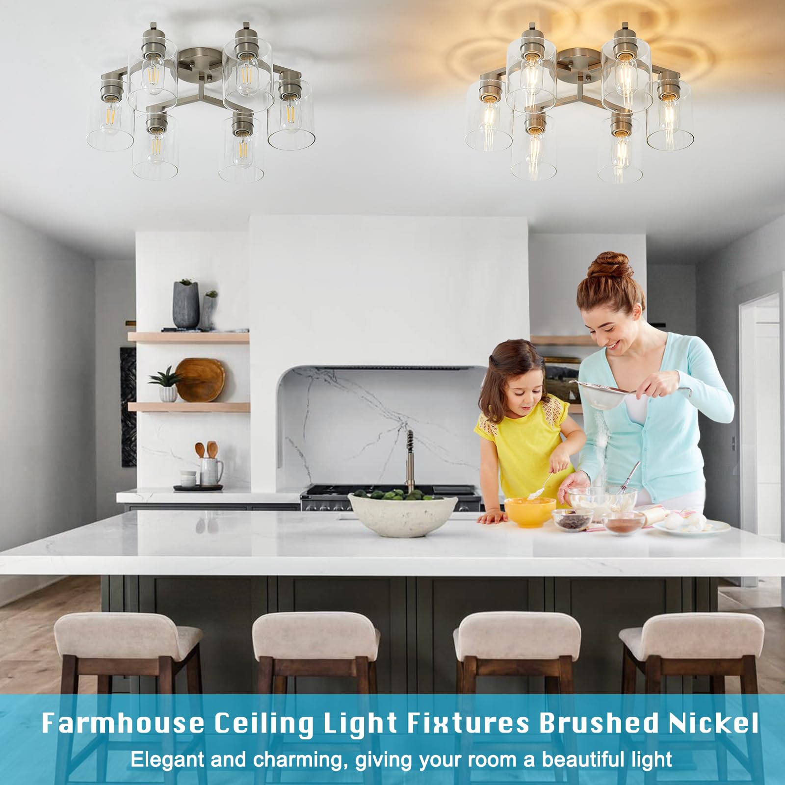 Yyt Light Fixtures For Dining Room 6-Light Semi Flush Mount Ceiling Light Fixtures Large Brushed Nickel Kitchen Lighting Fixture