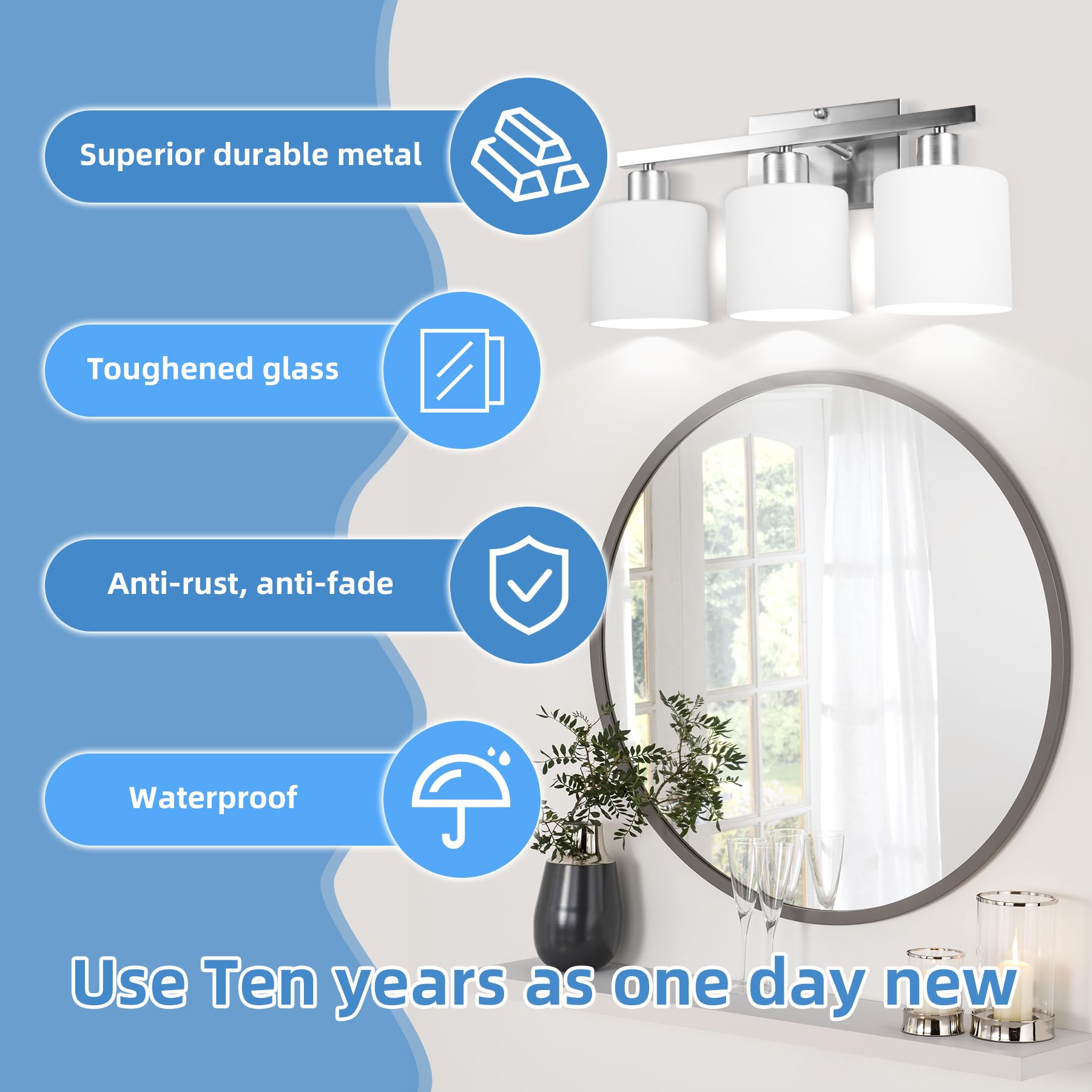SILAMPDI Bathroom Light Fixtures, 3-Light Vanity Lights, Brushed Nickel, Milky White Glass Shades, Model SLD-JQD-S