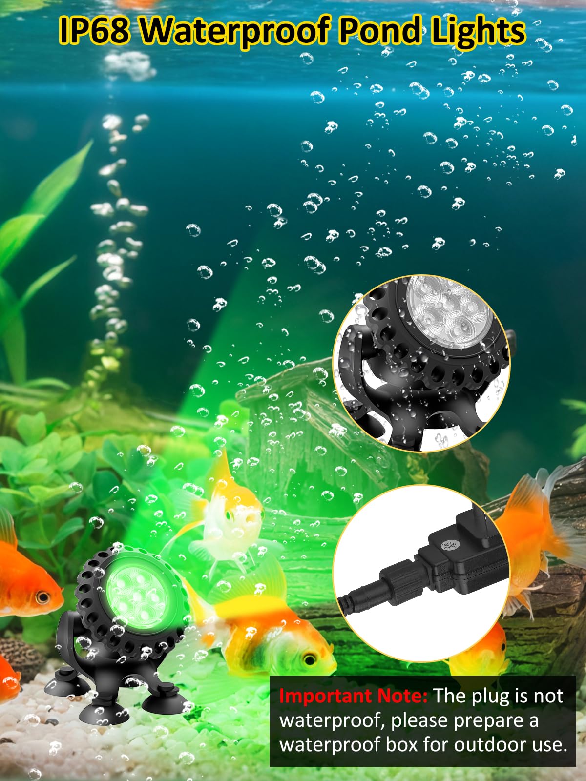 T-SUN Underwater Pond Lights, 6-Head Multicolor LED, IP68 Waterproof, Remote Control, for Koi Pond and Aquarium, Model TS-F2220-V2