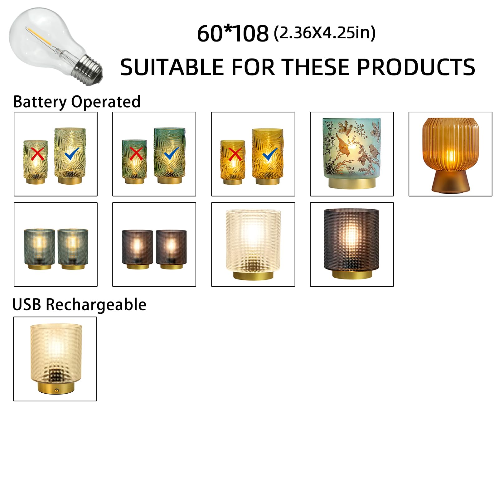 Mj Premier Led Light Bulb E27 Base Replacement Bulbs 3V Customized Special Table Lamp Battery Operated Warm White Light(60 * 108