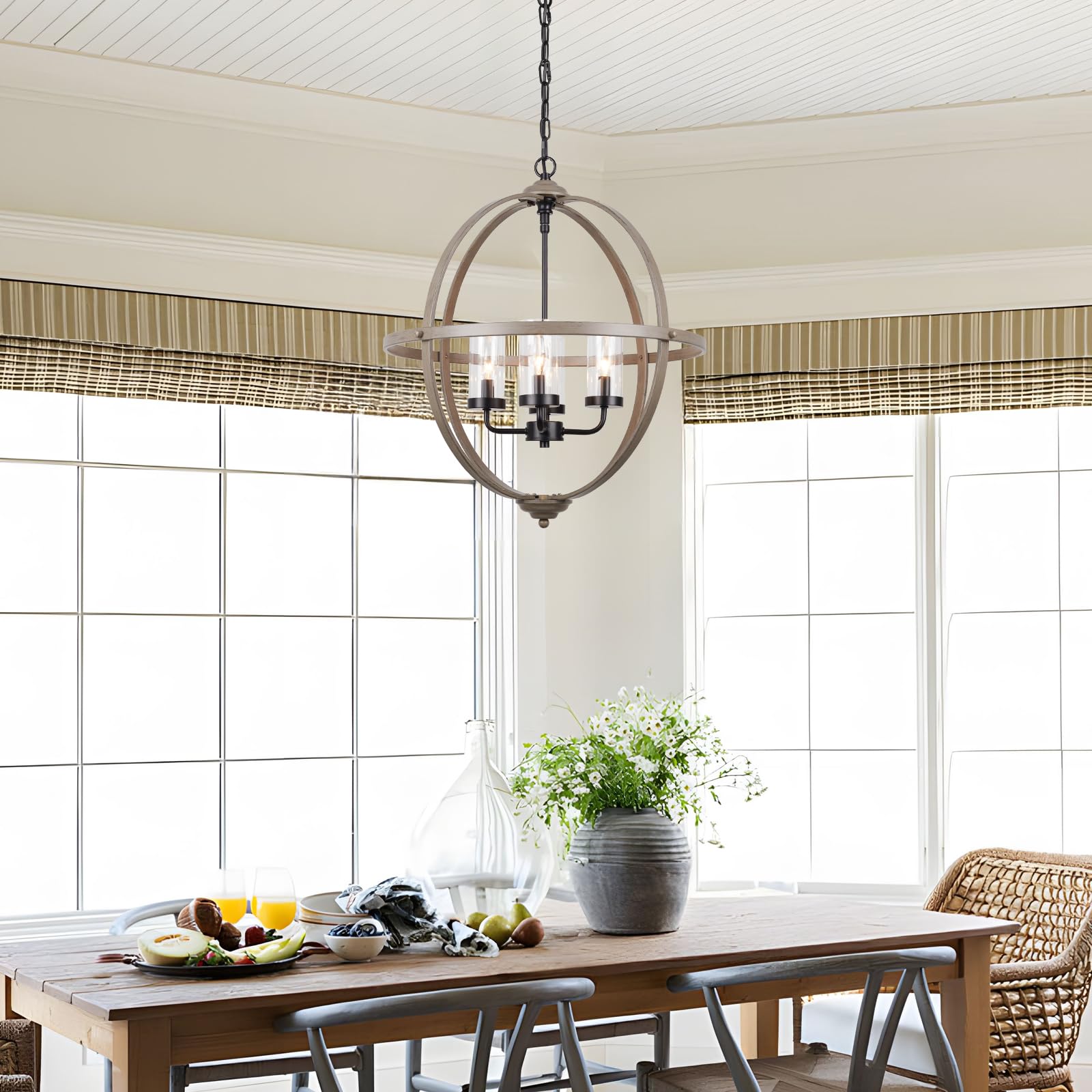 Treekee Farmhouse Chandelier, 4-Light Iron Globe Sphere, 17in Wood Finish for Dining Room, Entryway, Kitchen Island