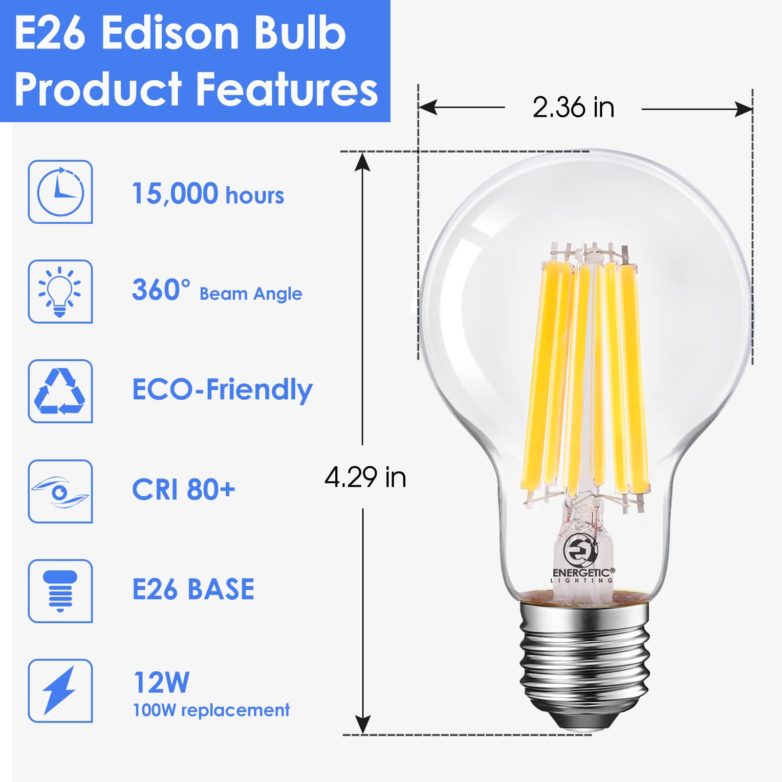 Energetic Dimmable A19 Led Edison Light Bulb, 12W Equivalent 100W, 1600Lm High Brightness, 4000K Cool White, Clear Antique Led F
