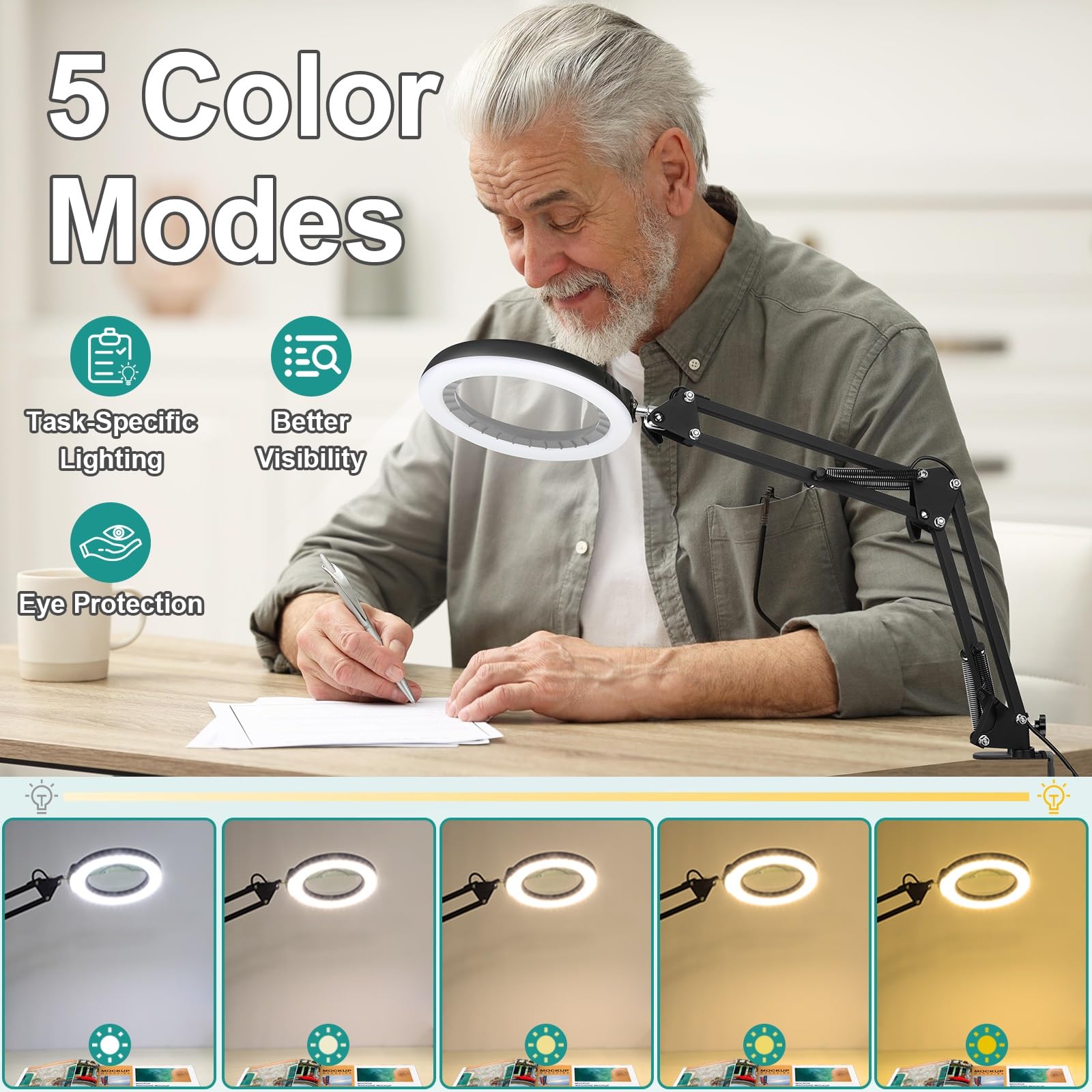 5 Inch Real Glass Magnifying Glass With Light And Clamp, 10X Led Adjustable Swivel Arm Desk Lamp, 5 Color Modes Brightness Steep