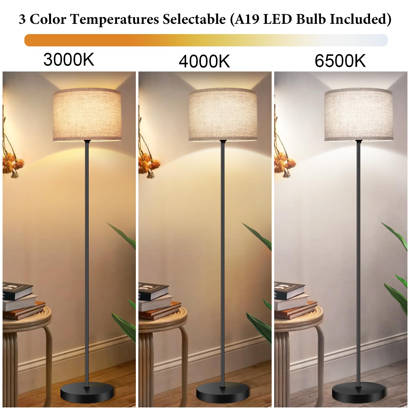 TOBUSA Floor Lamp with 3CCT LED Bulb, 65’’ Tall, Metal, Black Pole, Drum Shade, Dimmable, Model JF17061A.BK