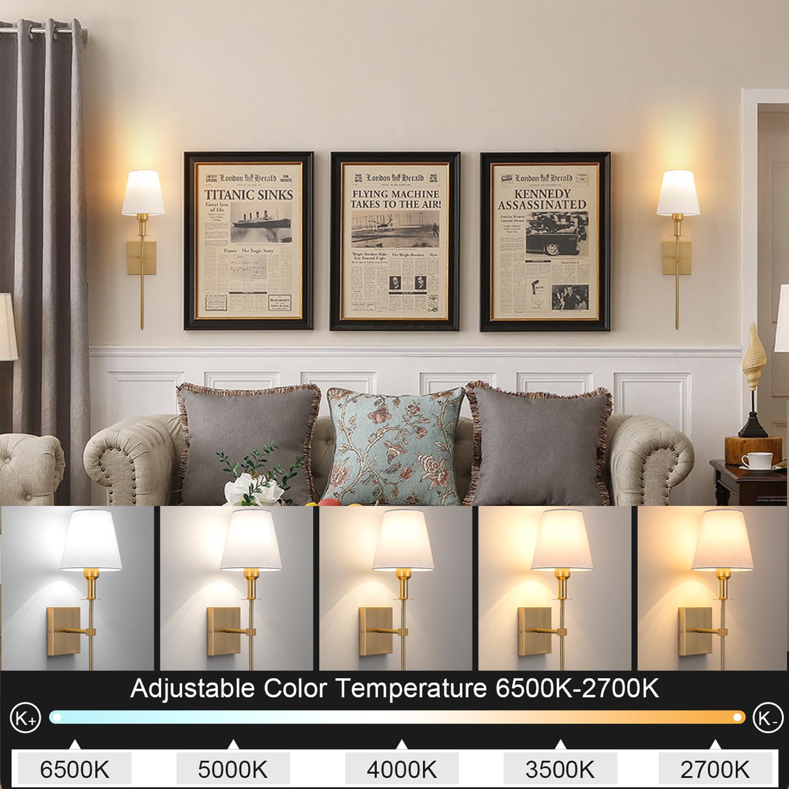 Jengush Gold Battery Operated Wall Sconces Set Of 2, Remote Dimmable, 10 Color Modes, Indoor Lighting