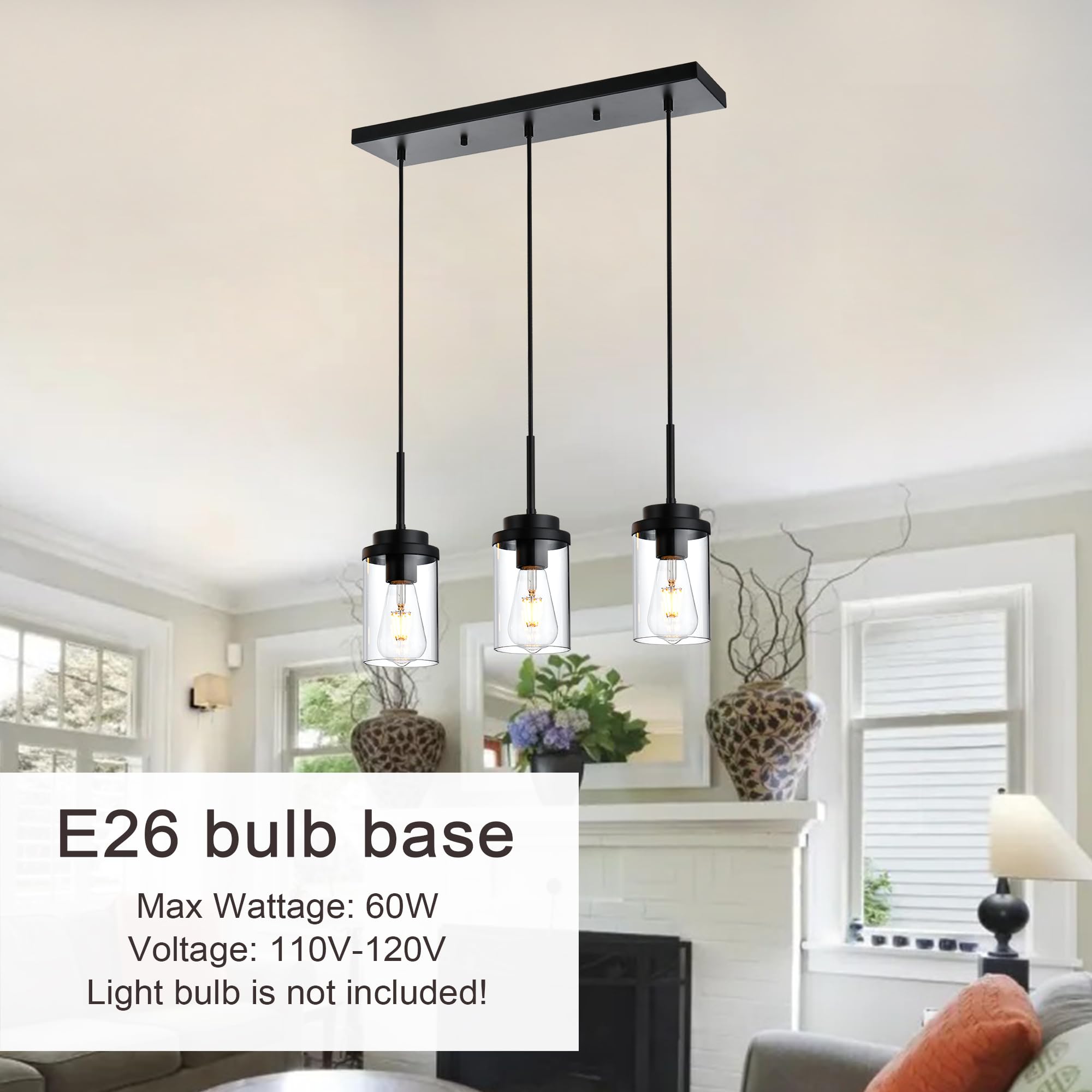MELUCEE Linear Chandelier, 3 Lights, Black Finish, Glass Shade, 23.6in Length, Model 4-4501-3RD-BL