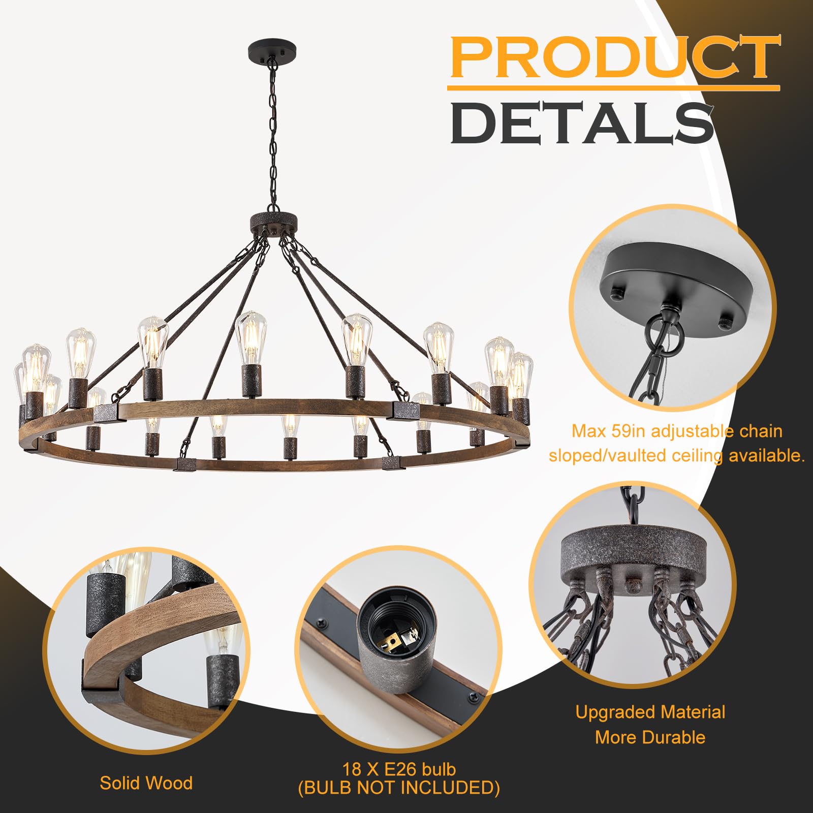 Benkut 47" Farmhouse Wagon Wheel Chandelier, 18-Light Black Rustic Fixture for Foyer, Living Room, Entryway, Dining Room, Model P62-18Z1