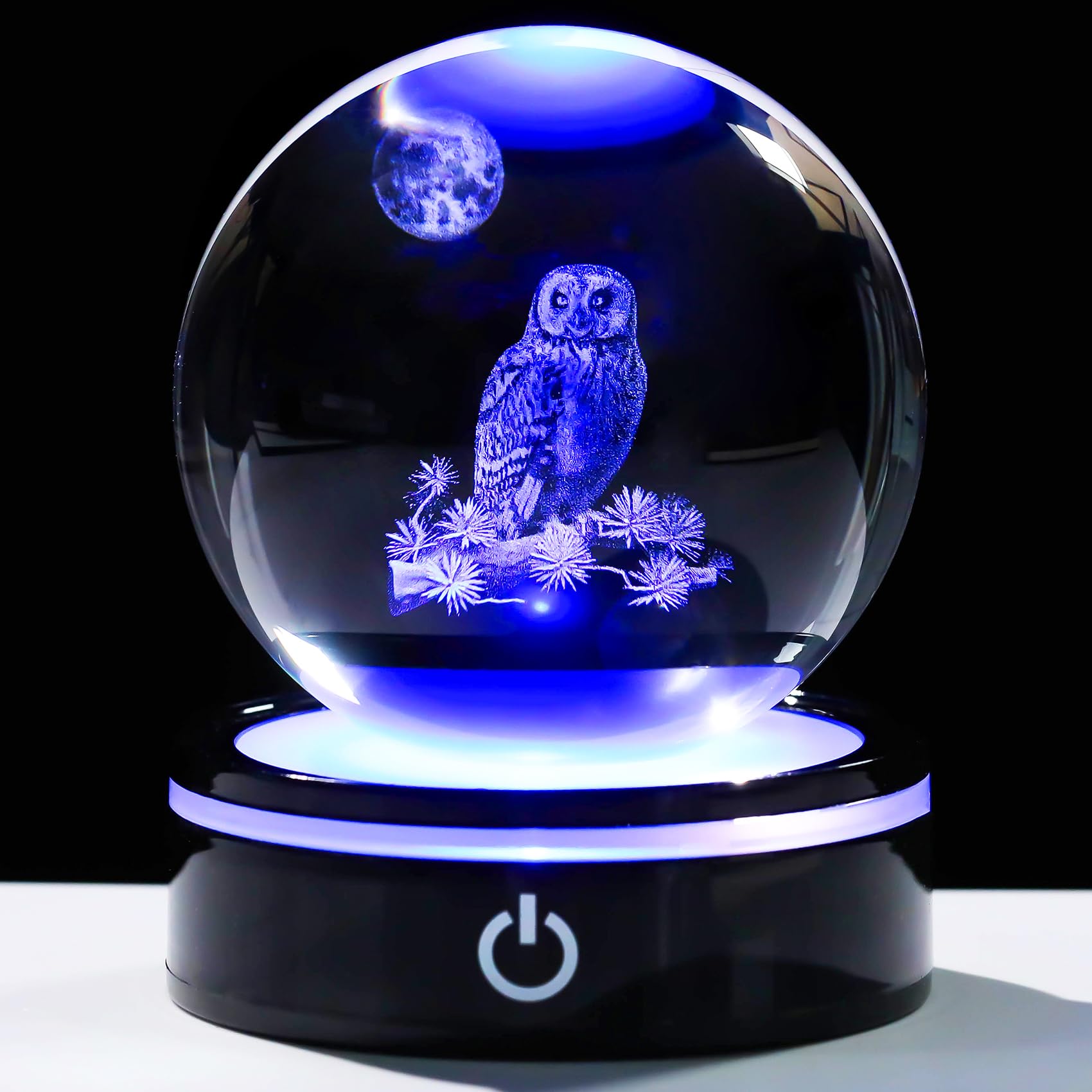 YWHL 3D Owl Figurine Crystal Ball with Colorful Light Base  Owl Gifts for Women Men Owls Lovers on Christmas Birthday  3D Laser Engraved Owls Sphere Glass Ball for Home Office Decoration (80mm)