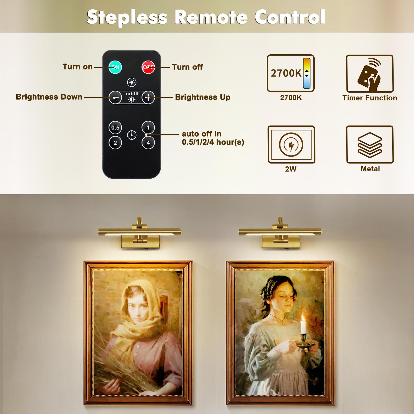 DESOOP Wireless Picture Lights - Brass 12 Inch Art Lamps with Remote, Timer, Dimmable, Battery Operated, Model 7115