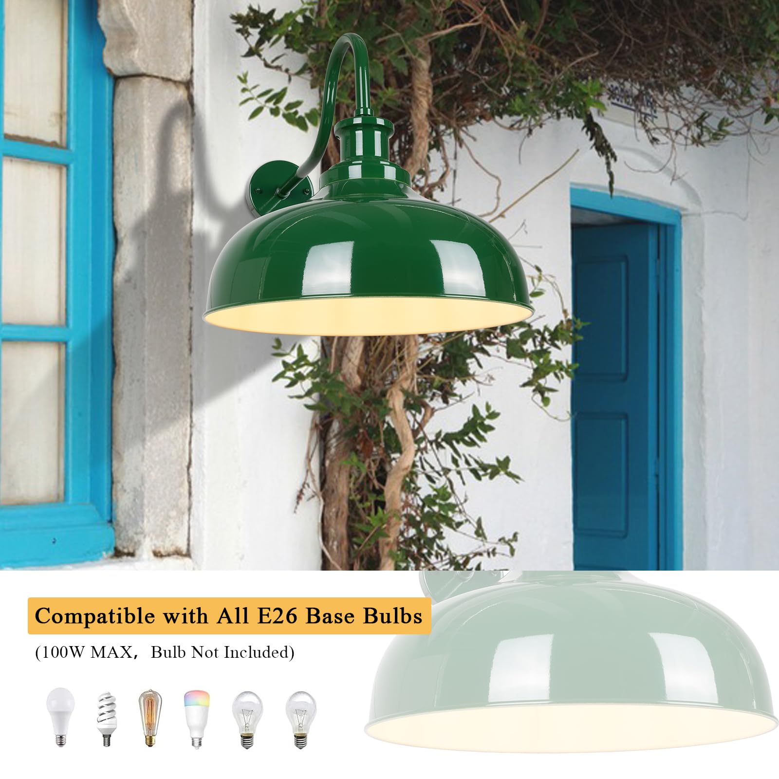 Diyel Outdoor Barn Lights  16 Inch Dome Rustic Outdoor Wall Sconces  Farmhouse Exterior Wall Mount Lighting Fixture  Industrial Green Wall Lantern For Porch  Entryway  Garage  Rz007L-2 Gr+Wh