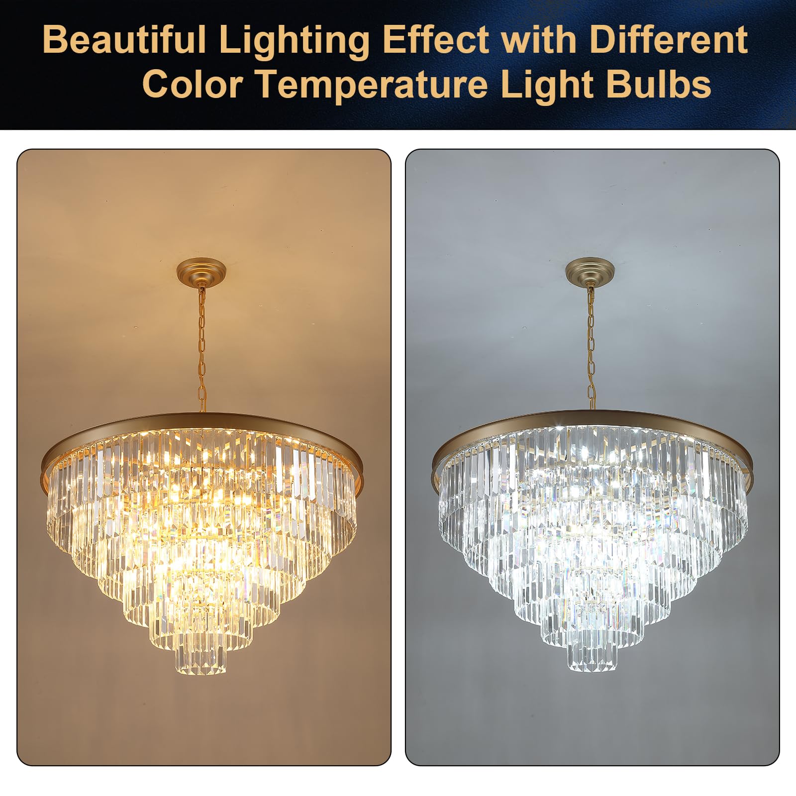 A AXILIXI Modern Gold Crystal Chandelier 35in  5-Tier K9 Metal Light Fixture for High Ceilings, Staircase, Entry, Living Room, Model DH88318