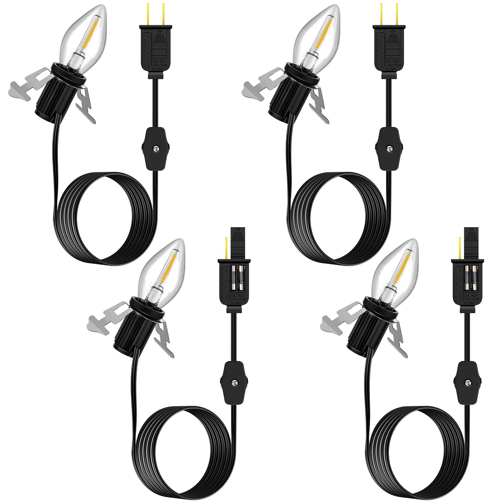 Enhon Accessory Cord with 1 LED Light Bulb, 6ft Blow Mold Light Cord with C7 Bulbs, Black Cord with On/Off Plug, Christmas Village Light for Holiday Indoor House Decoration Craft Projects(4 Pack)