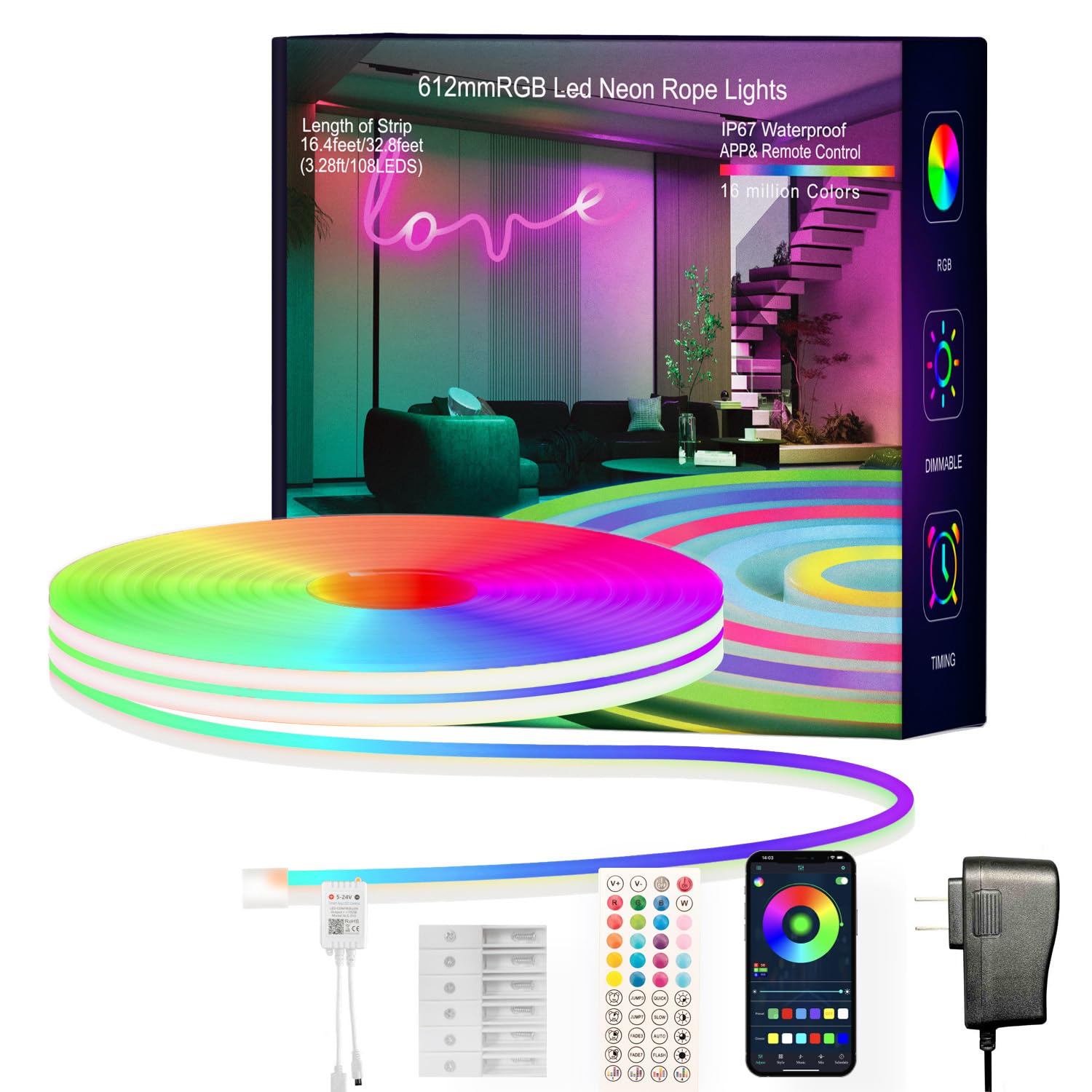 TFZBA Led Strip Lights, RGB 16.4FT Neon Rope Lights for Bedroom App+Remote Control Music Sync Color Changing Outdoor IP67 Waterp