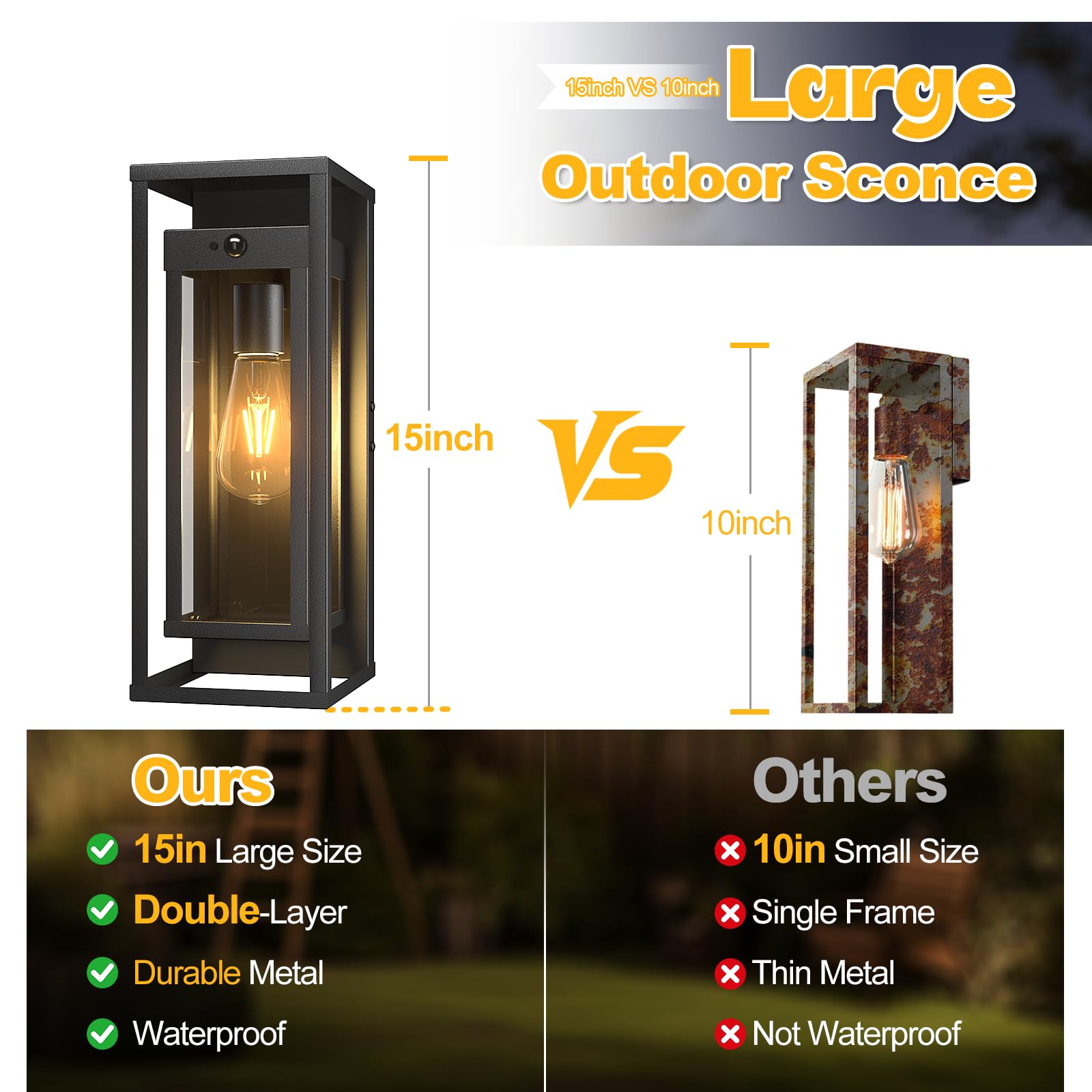 SIAFAVOI Motion Sensor Outdoor Wall Light 15in Waterproof Black Lantern, 2-Pack, Dusk to Dawn Sconce for Garage and Entryway