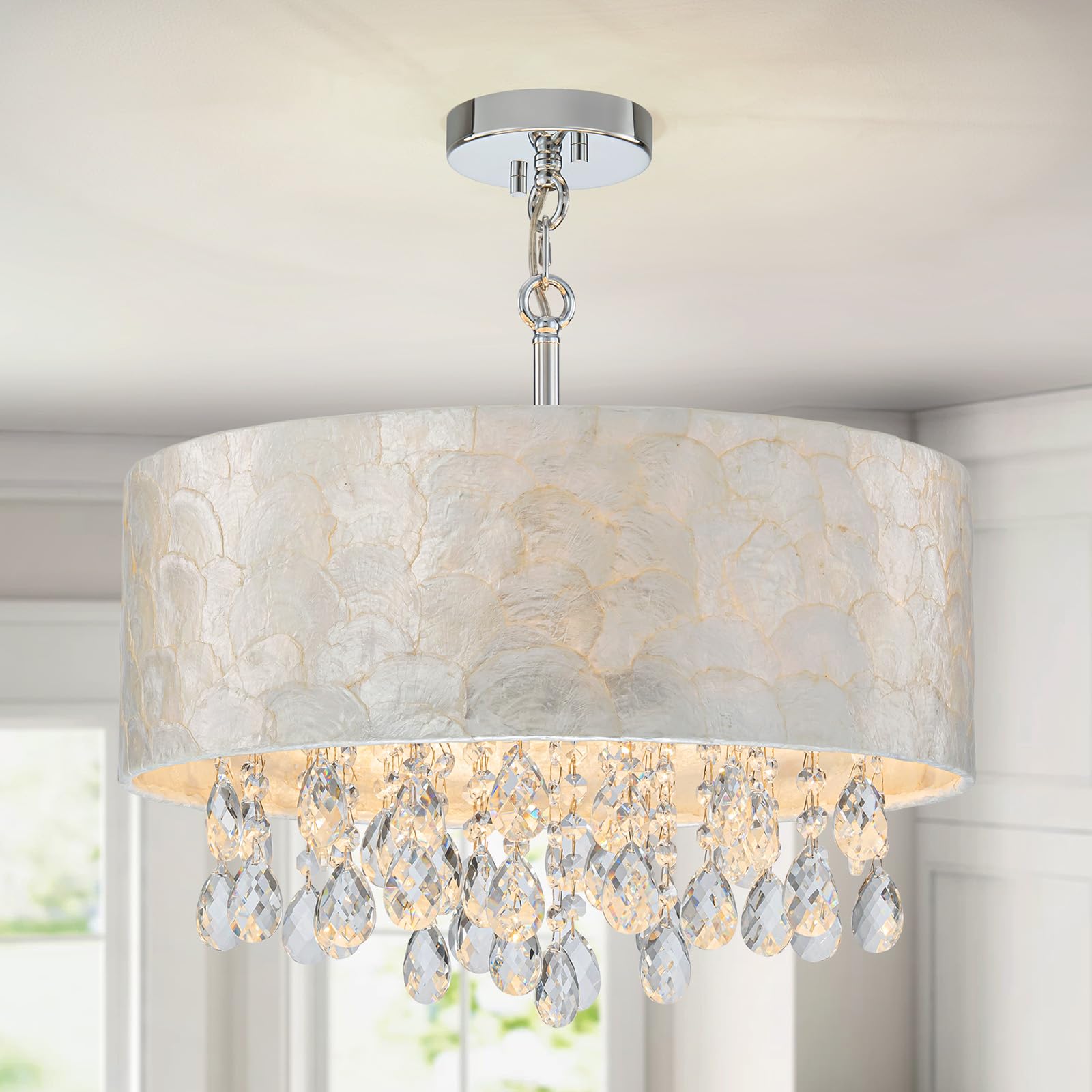 LumFurn 3-Lights Capiz Shell Chandelier, Adjustable Drum Light Fixture, Chrome Finish, D12 x H19~49" for Dining Room, Living Room, Bedroom