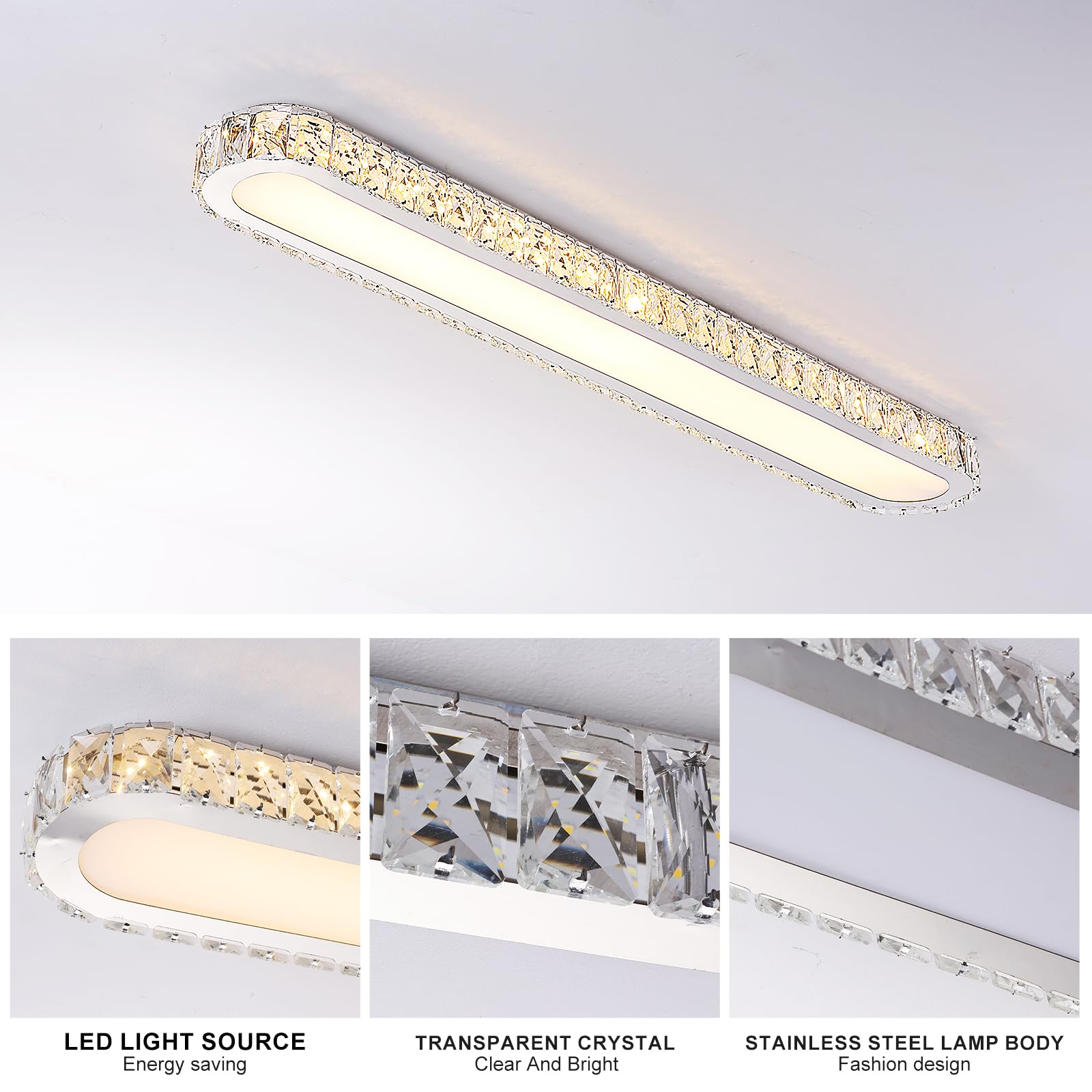 Qcyuui Dimmable Led Ceiling Light 39.4 Kitchen Lighting Fixtures Ceiling Modern stylish Crystal Ceiling Light With Remote Chrome Long Ceiling Light Fixture For Kitchen Dining Room Hallway 48W