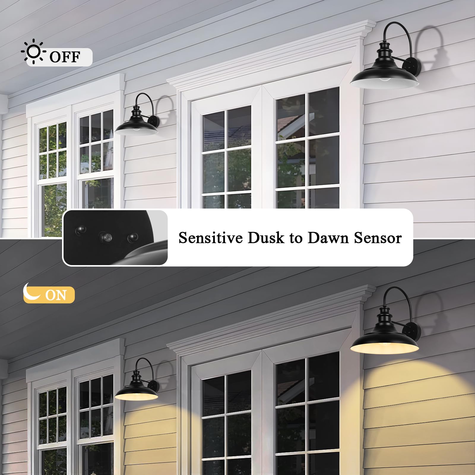 Dusk To Dawn Sensor Outdoor Barn Light Fixtures, 12.3 Inch Dome Farmhouse Outdoor Wall Sconces, Gooseneck Exterior Wall Mount Li