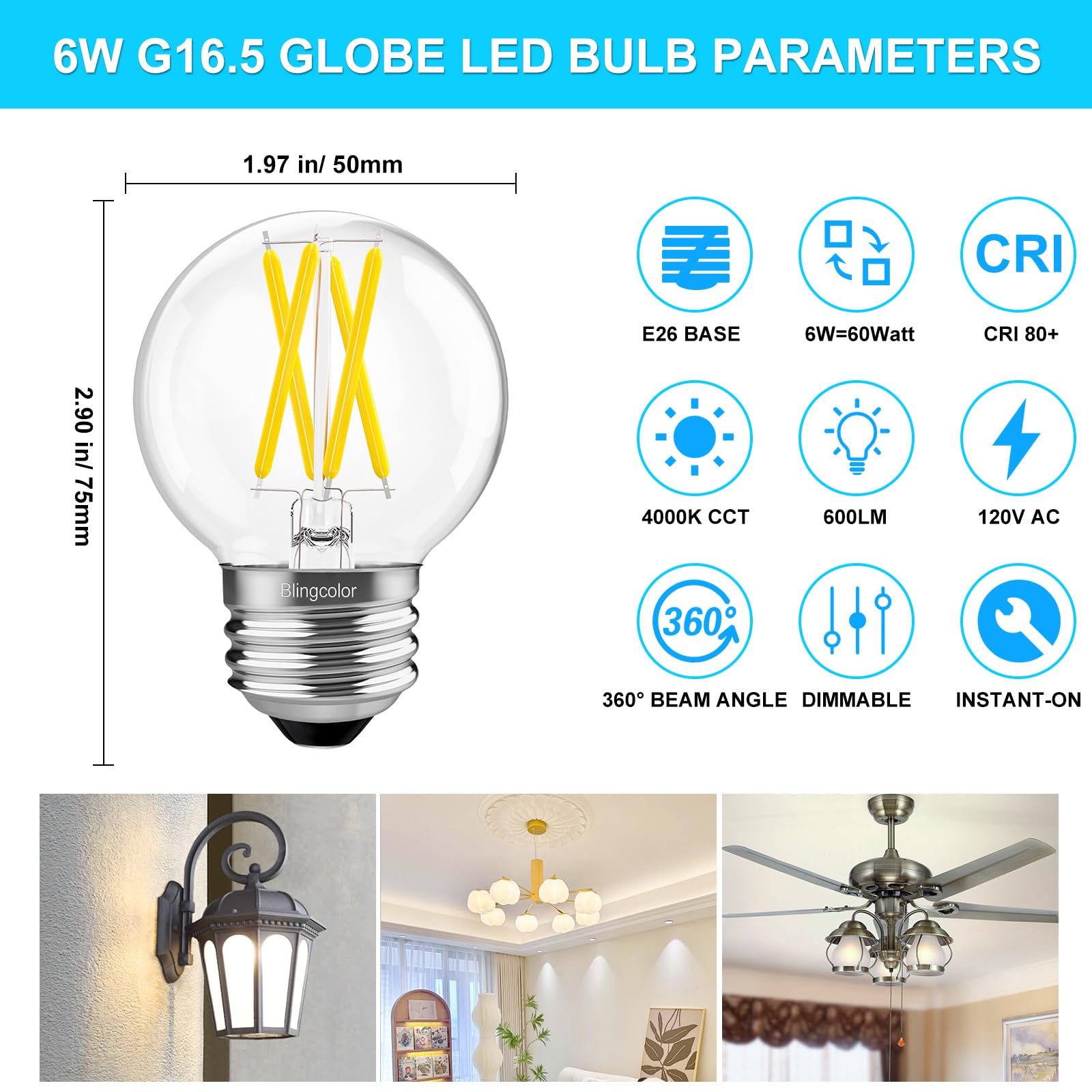 6 Pack G16.5 Led Bulbs 60W, 6W Dimmable G16.5 Globe E26 Led Light Bulb, E26 Led Bulbs 60 Watt Equivalent, Neutral White 4000K Sm